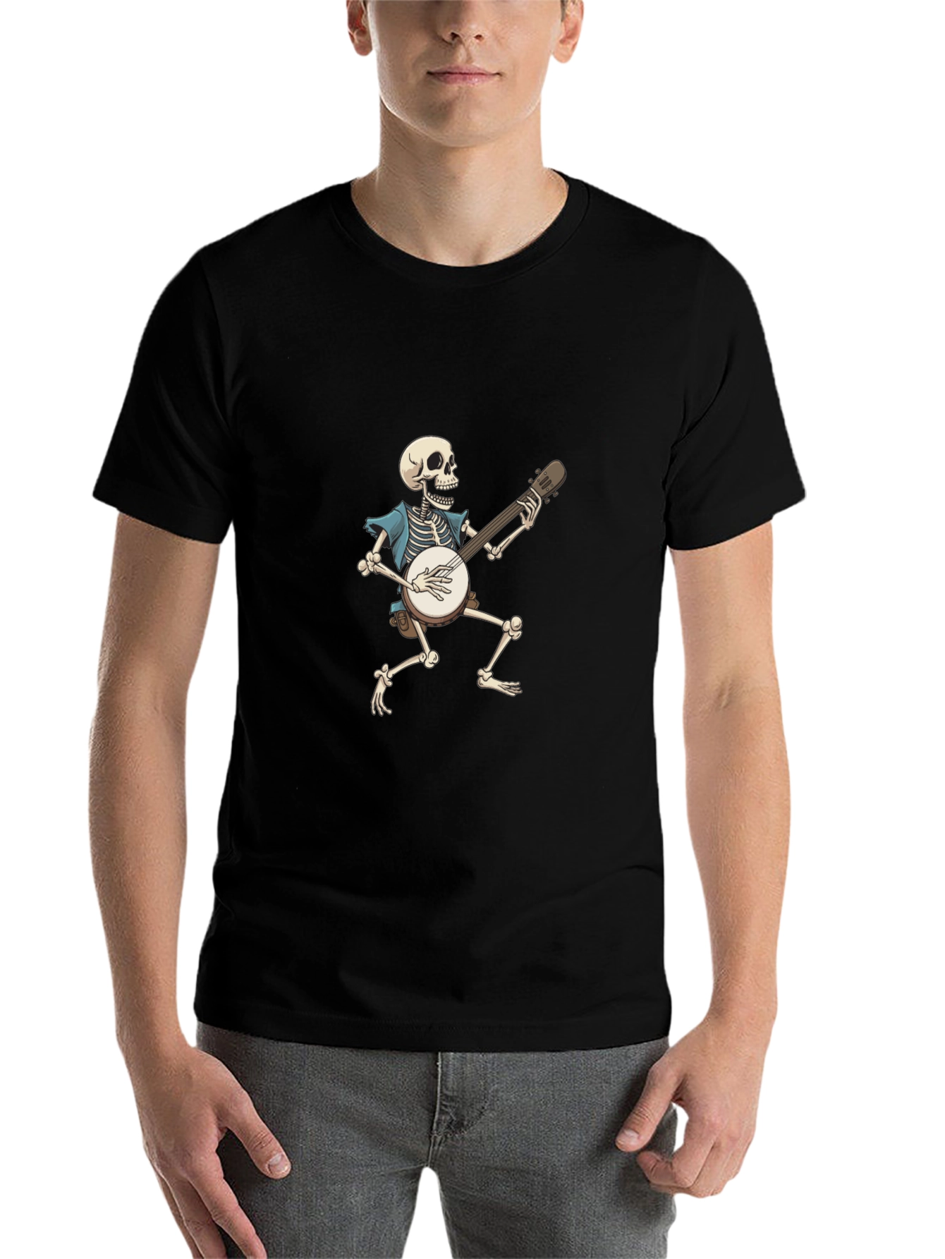 Black Skeleton Banjo Player Graphic T-Shirt view 7