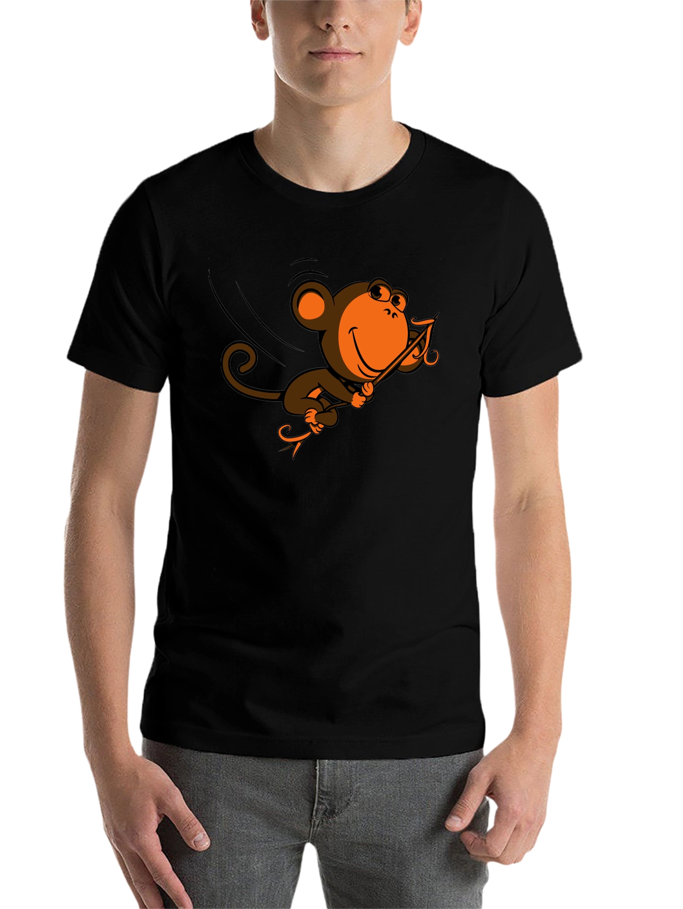 Black Monkey Swinging T-Shirt - Fun Cartoon Design view 7
