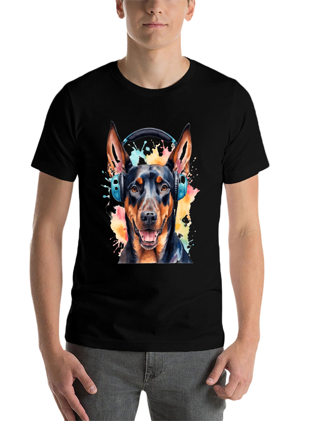 Black Dog with Headphones Black T-Shirt view 7