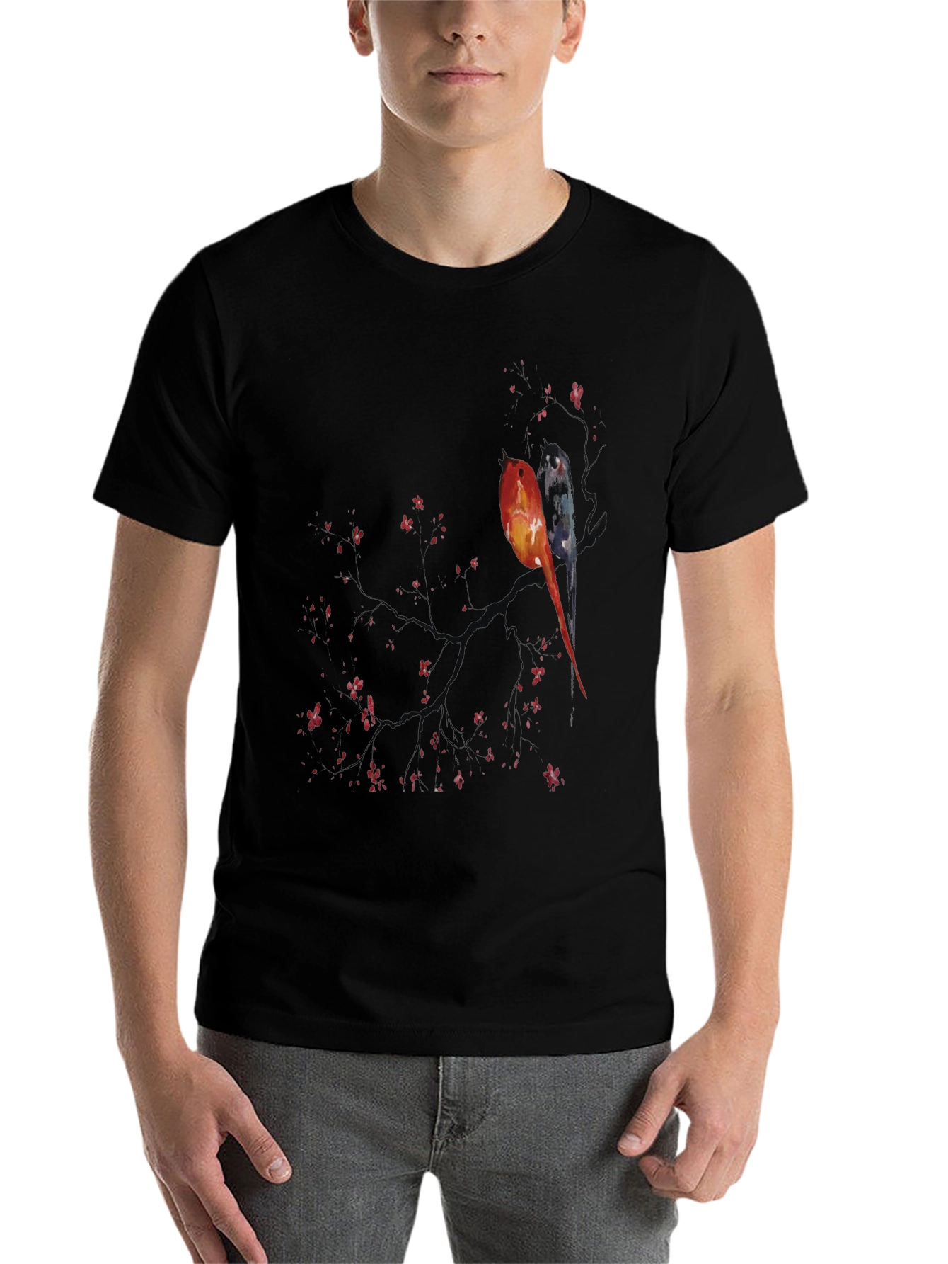 Black Artistic Birds on Branch Graphic Tee view 7