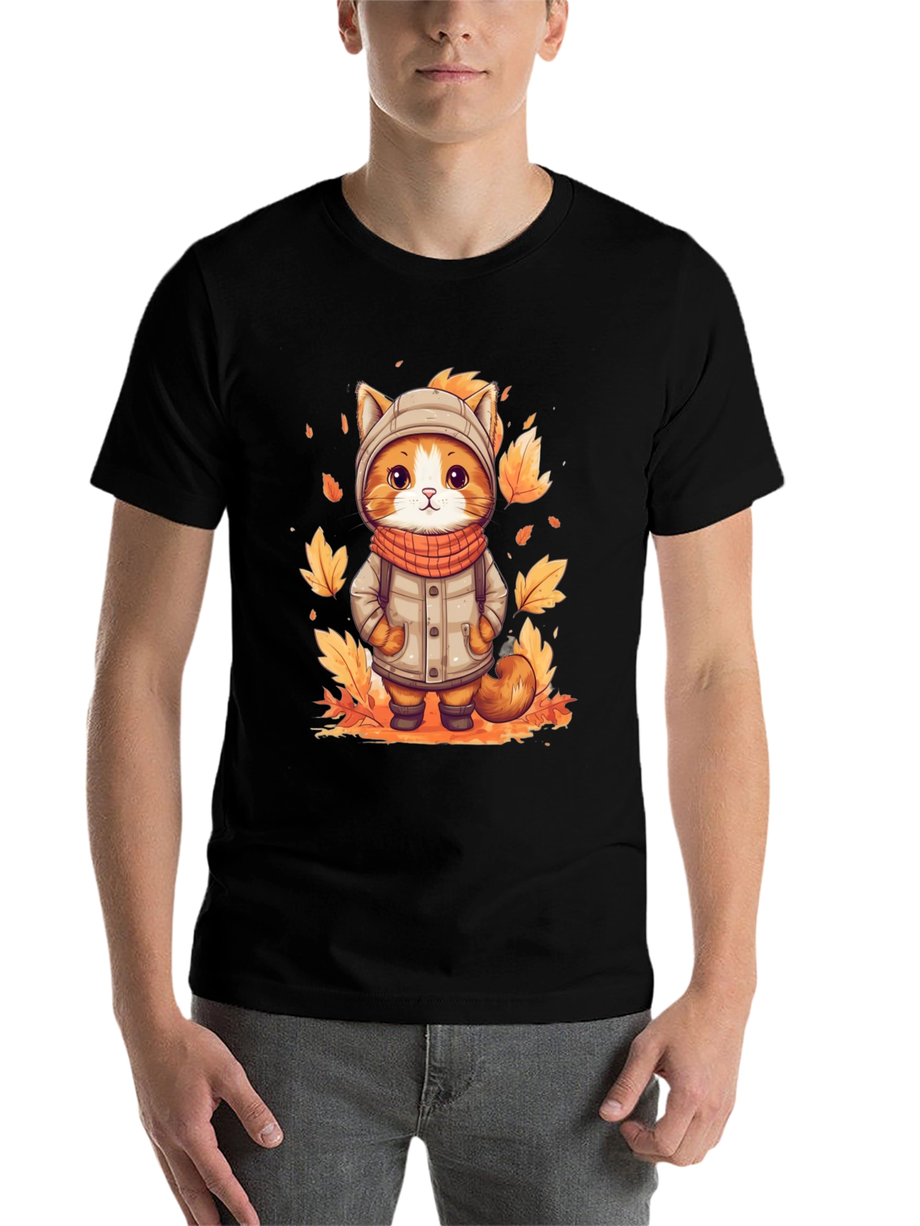 Black Fall Cat T-Shirt - Cute Autumn Kitten Design view 7