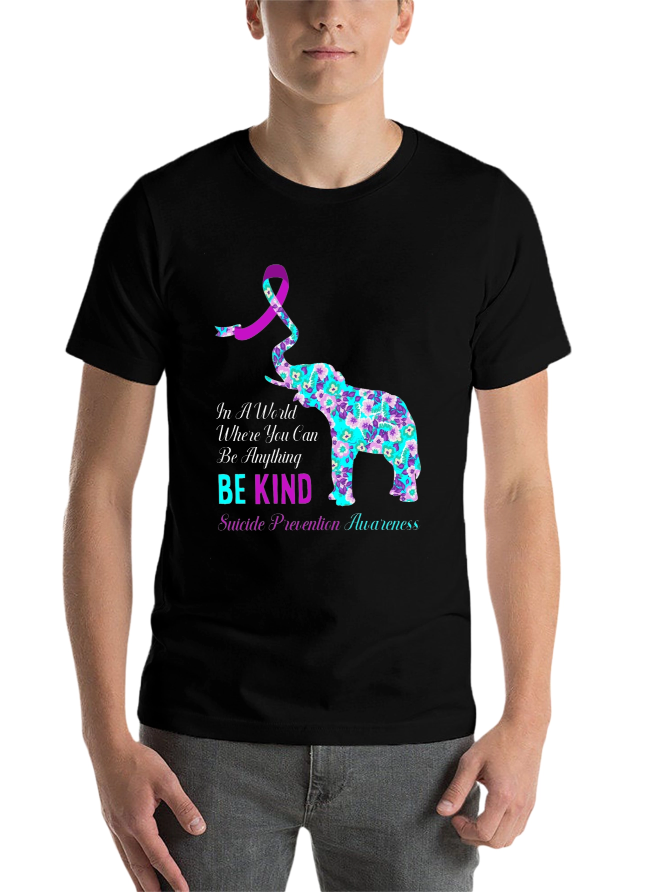 Black Be Kind Suicide Awareness Elephant Graphic Tee view 7
