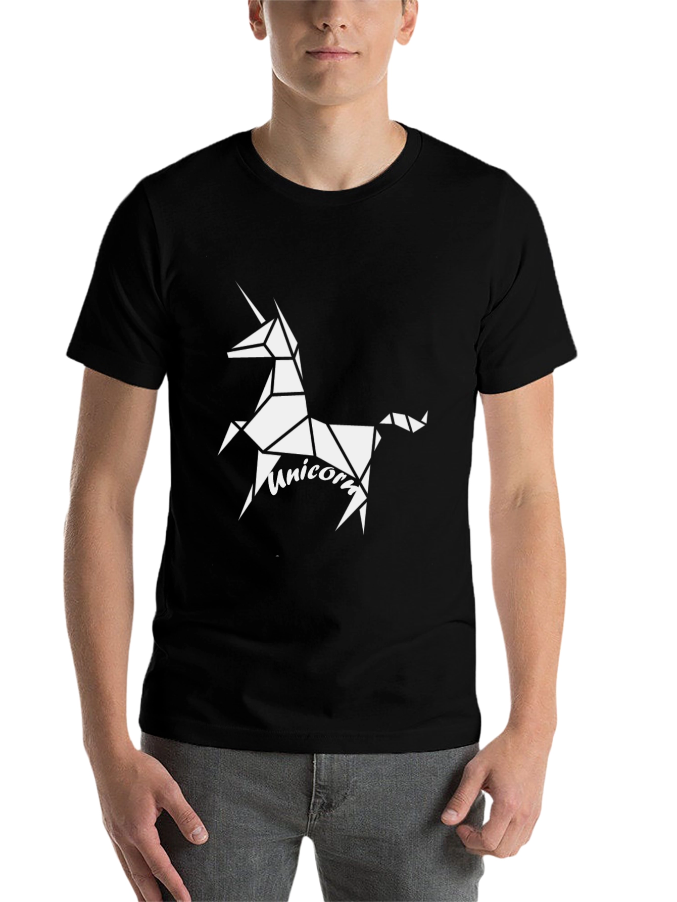 Black Geometric Unicorn Graphic Tee - Black Cotton Casual Shirt view 7