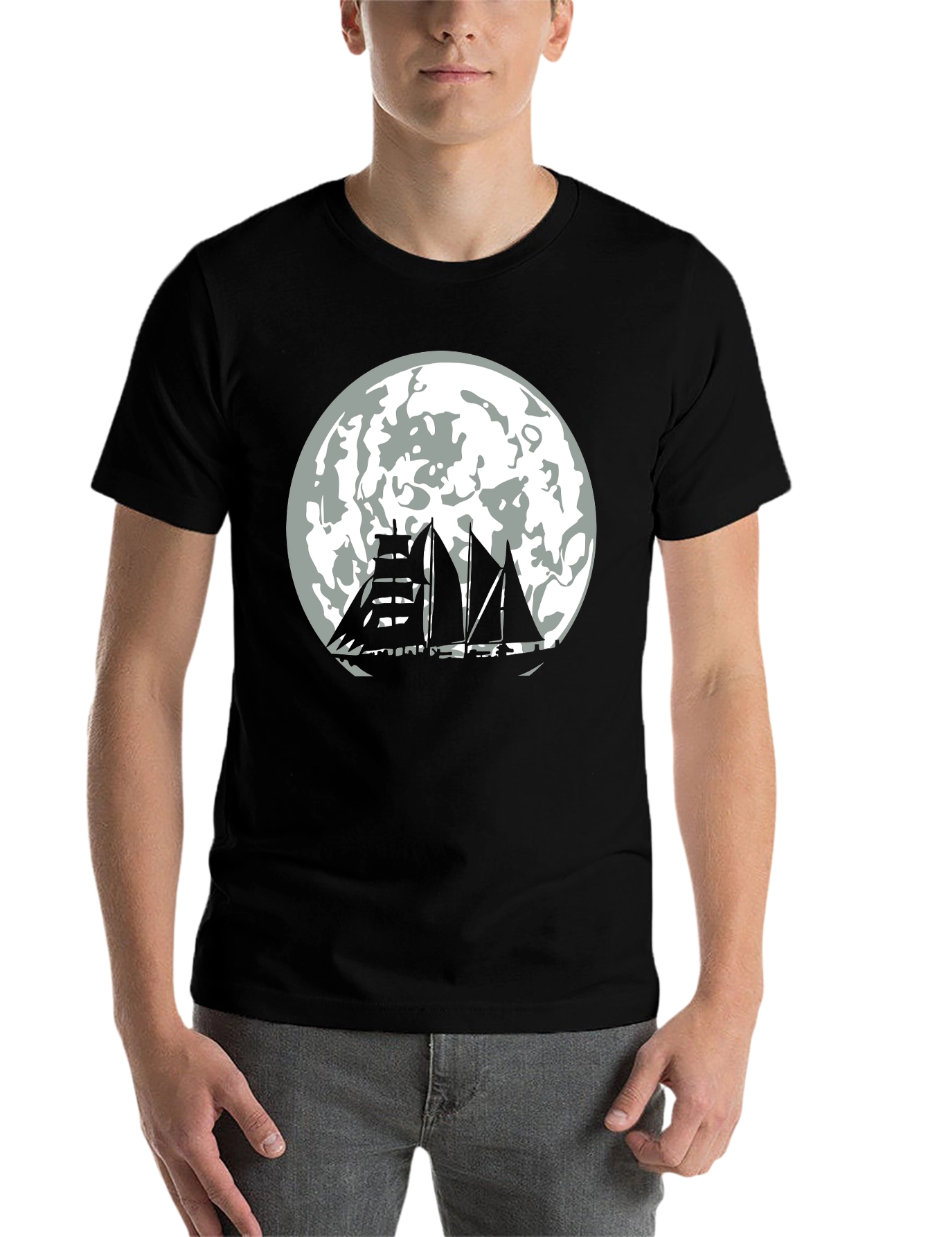 Black Moonlit Sailboat Black T-Shirt view 7
