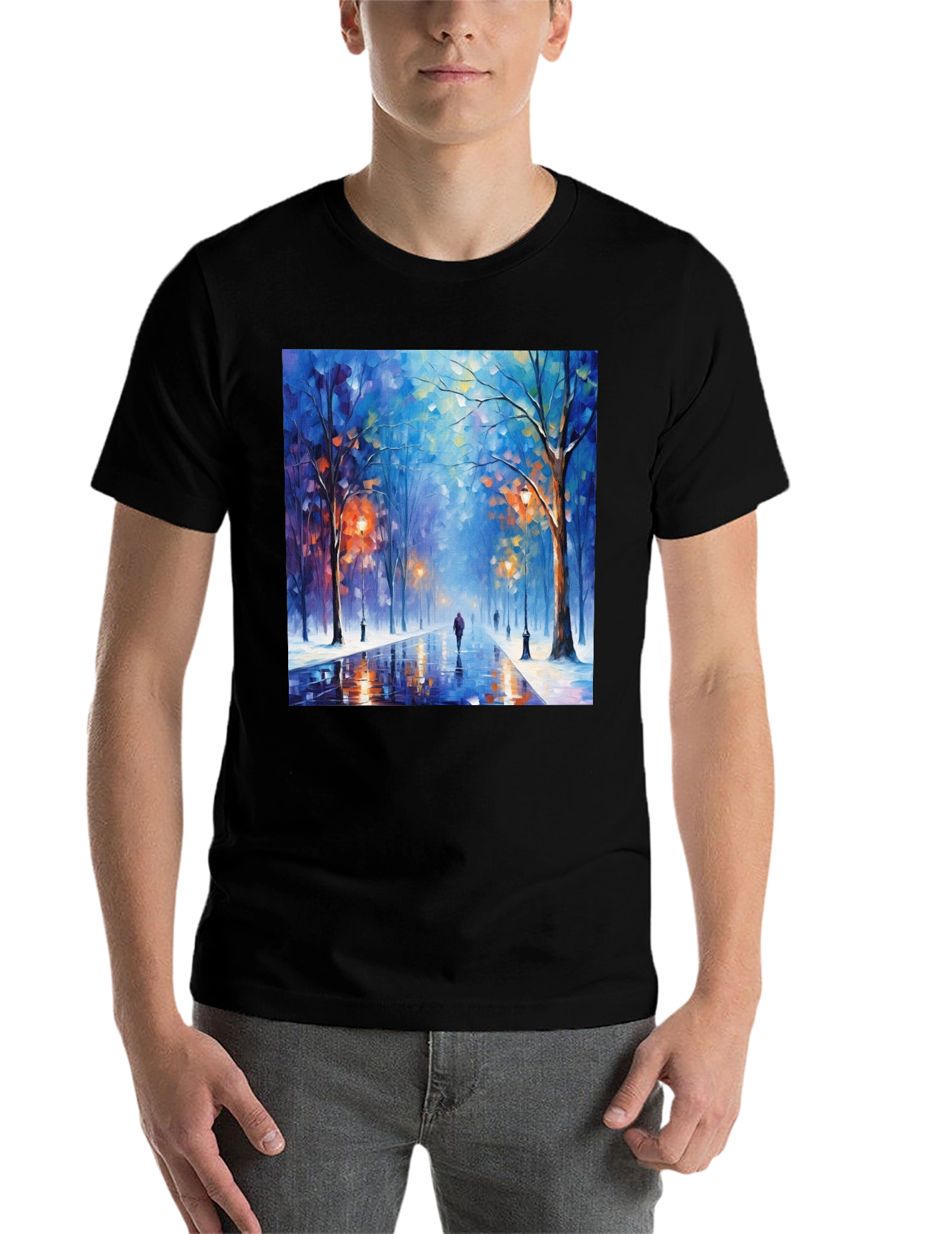Black Artistic Winter Street Scene T-Shirt view 7
