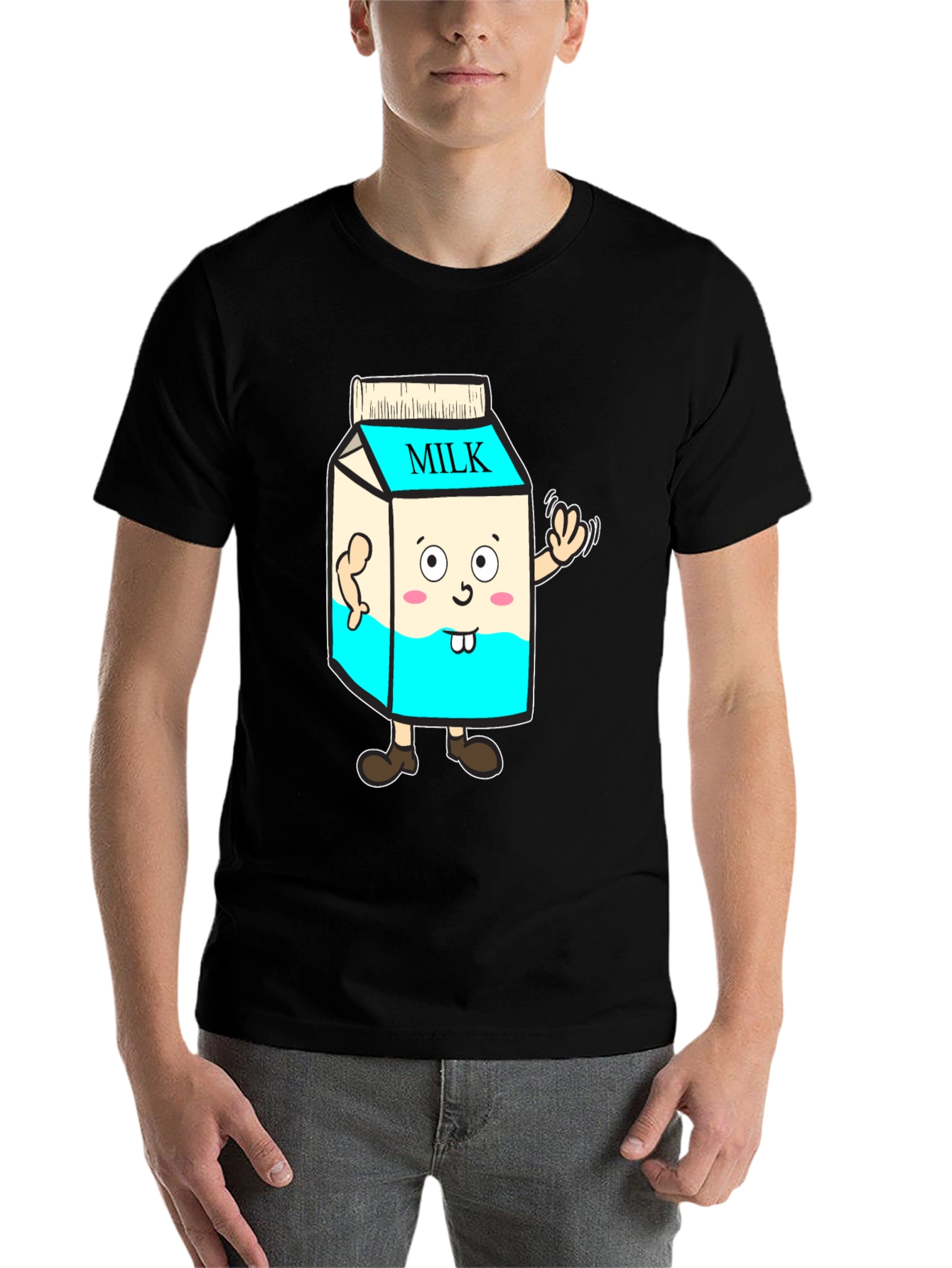 Black Funny Milk Carton Character T-Shirt - Black Cotton Tee view 7