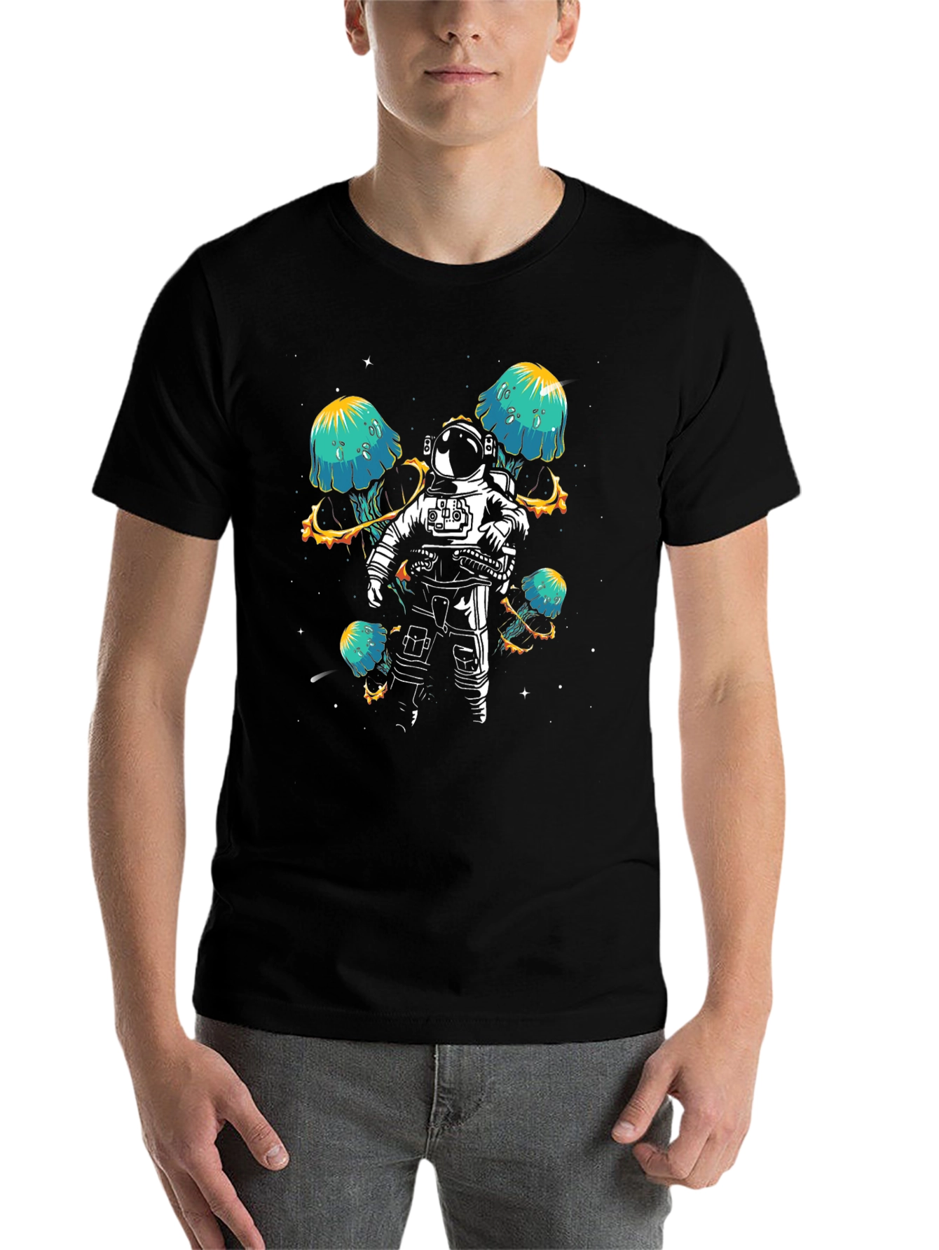 Black Astronaut & Space Jellyfish Graphic T-Shirt view 7