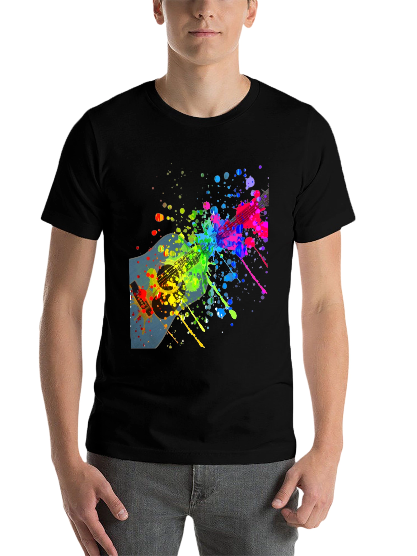 Black Colorful Guitar Splatter T-Shirt - Music Lover Tee view 7