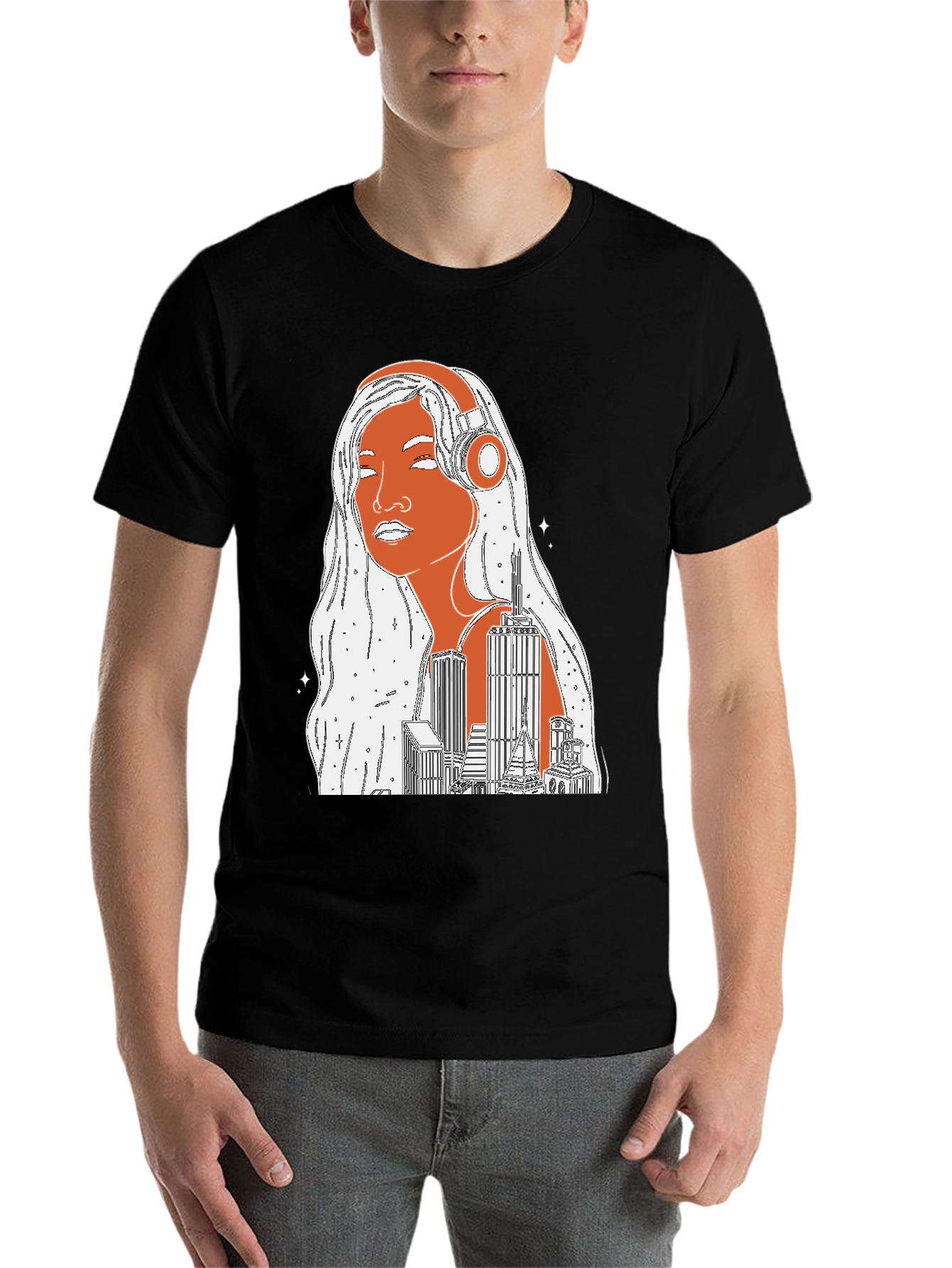 Black Cityscape Headphones Graphic Tee view 7