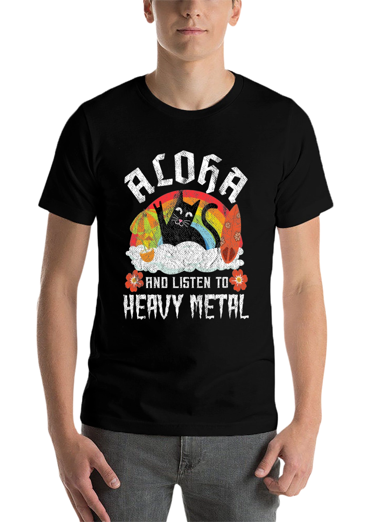 Black Aloha Heavy Metal Cat T-Shirt view 7