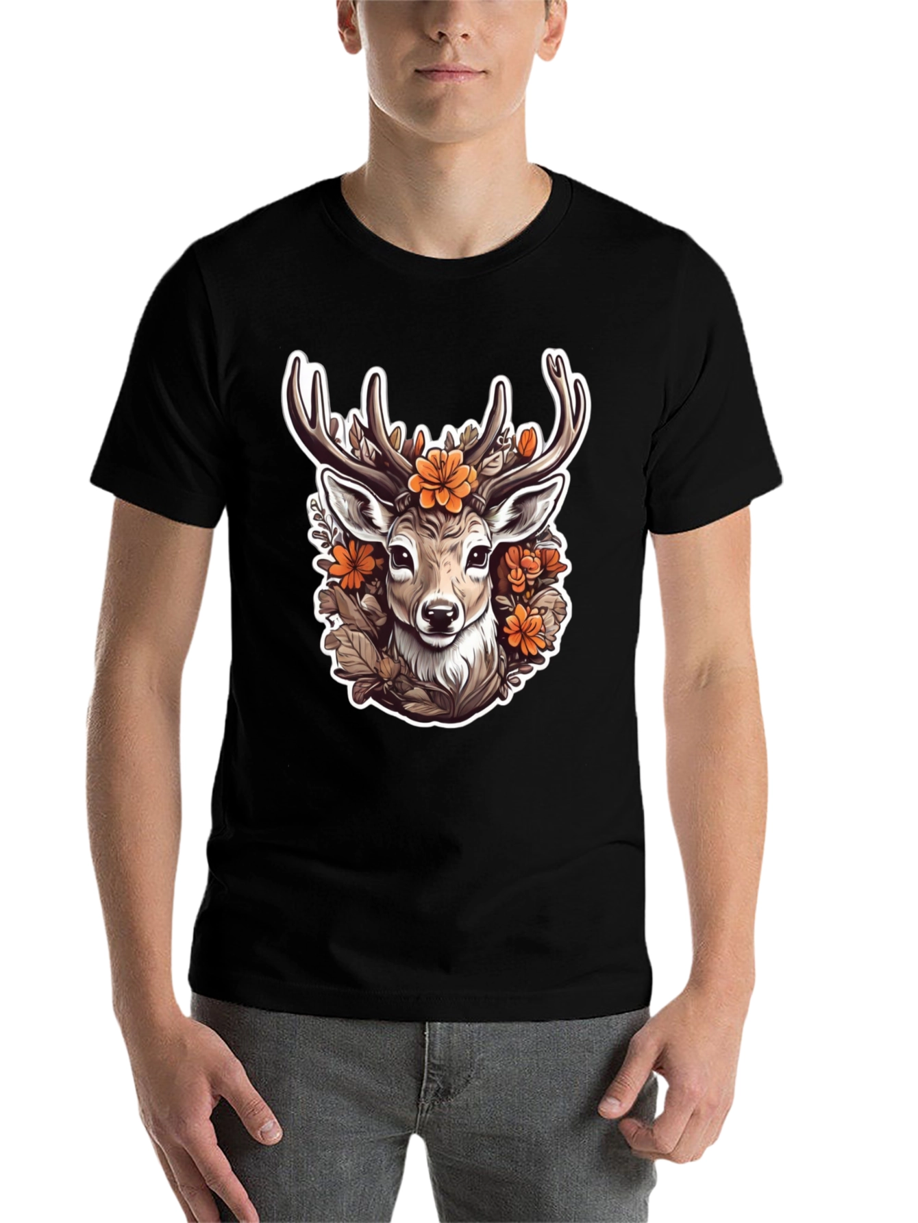 Black Floral Deer Head Graphic T-Shirt view 7
