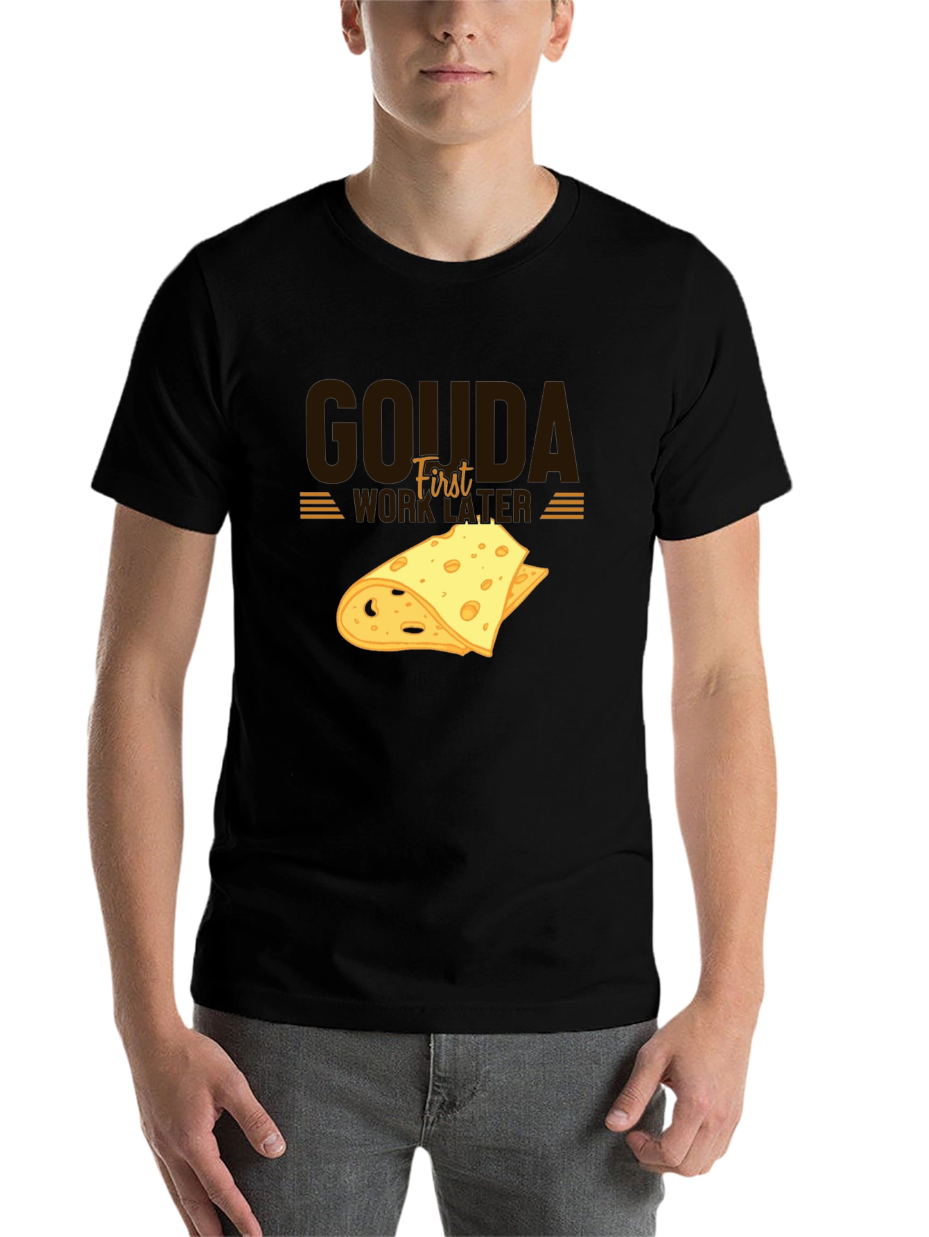 Black Gouda First Work Later Cheese Graphic T-Shirt view 7