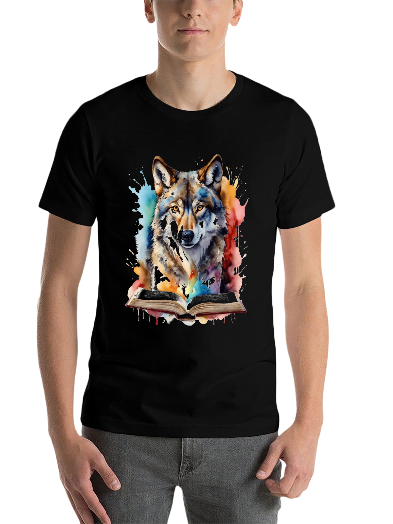 Black Watercolor Wolf Reading T-Shirt - Unique Graphic Tee view 7