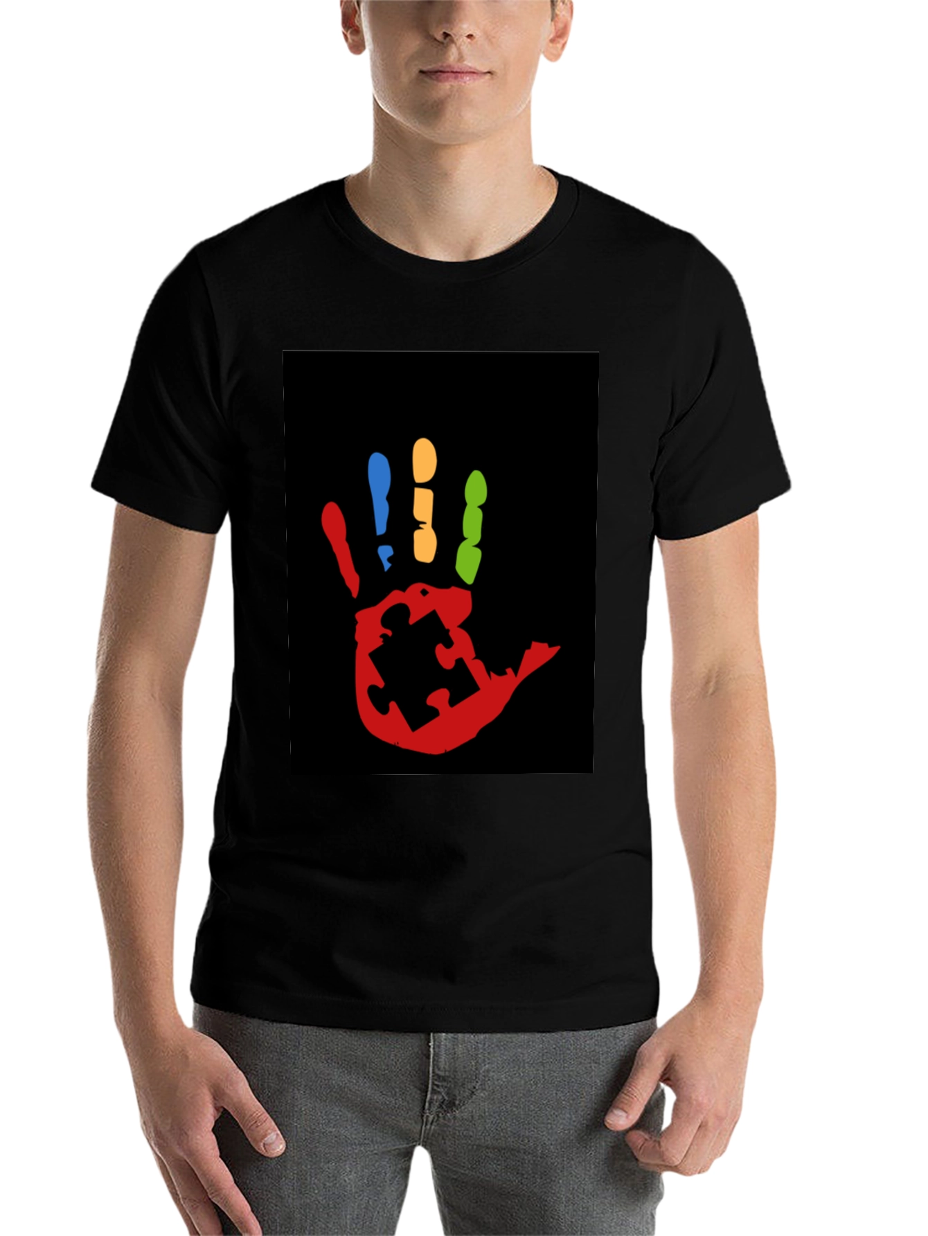 Black Autism Awareness Hand Print T-Shirt view 7