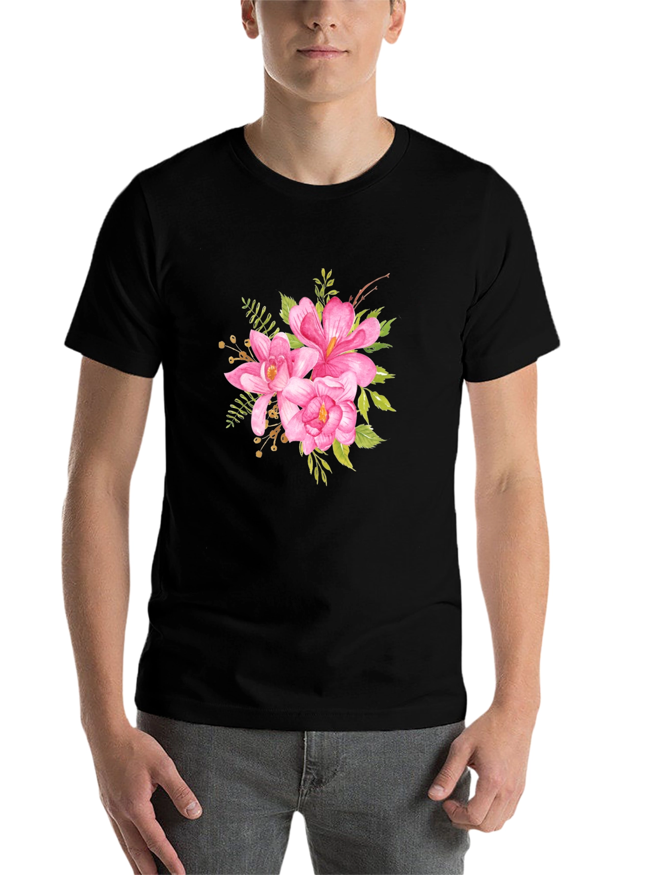 Black Floral T-Shirt - Pink Watercolor Flower Graphic Tee view 7