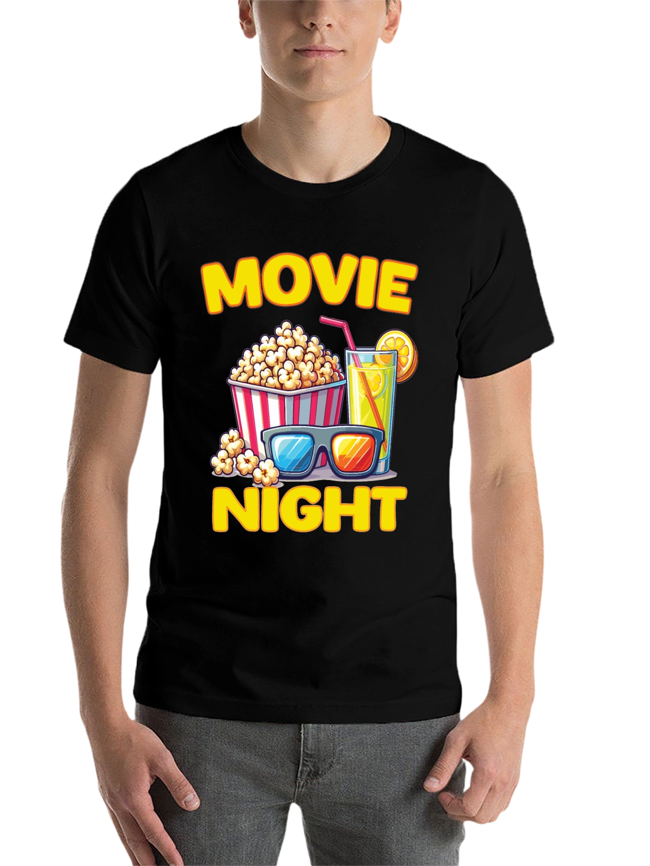 Black Movie Night T-Shirt - Popcorn, Drink, and Glasses view 7