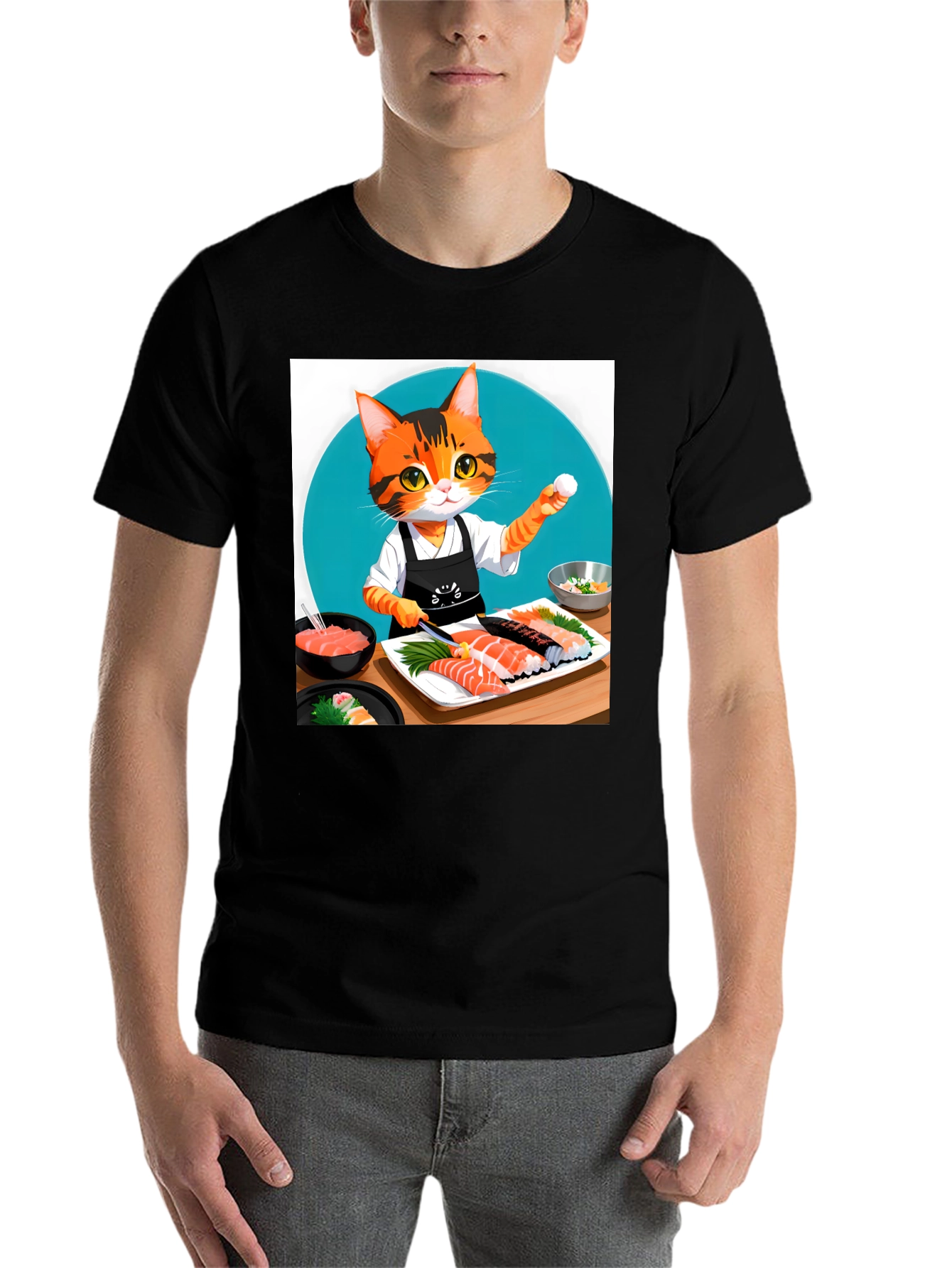 Black Sushi Cat T-Shirt - Chef Kitten Design view 7