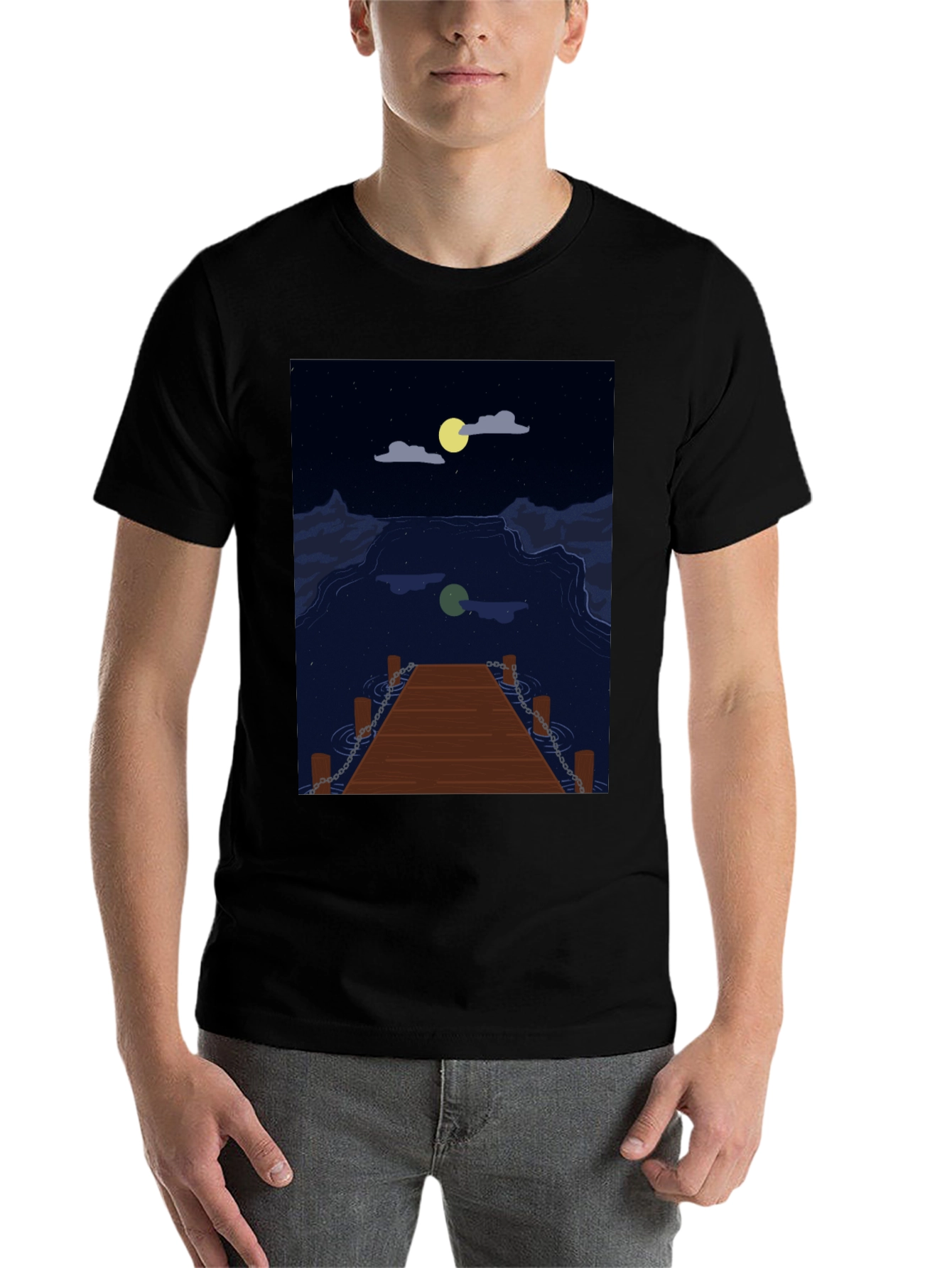 Black Night Lake Dock Graphic Tee view 7