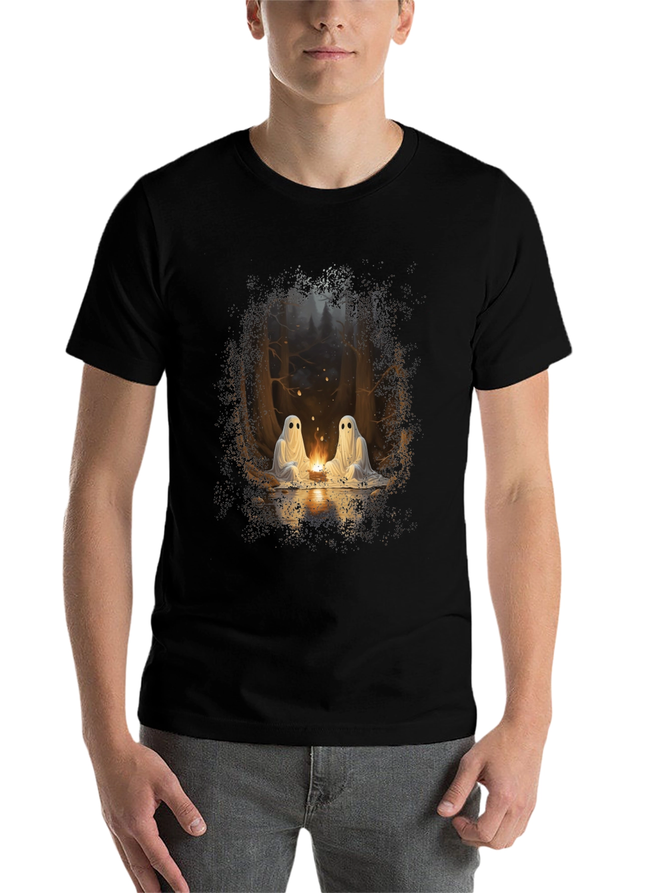 Black Spooky Ghosts Campfire Graphic Tee - Soft Black Cotton view 7