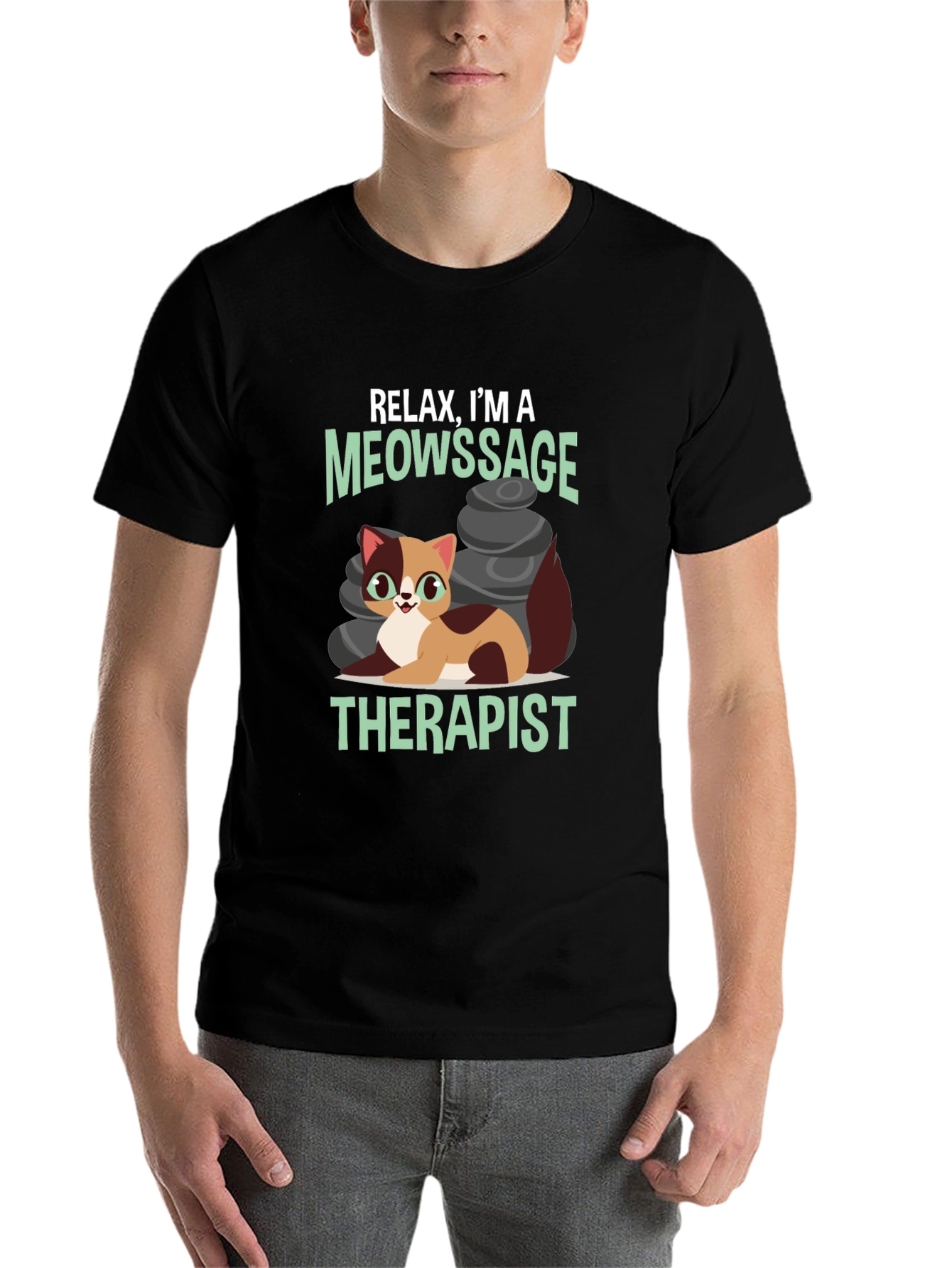 Black Relax, I'm a Meowssage Therapist T-Shirt view 7