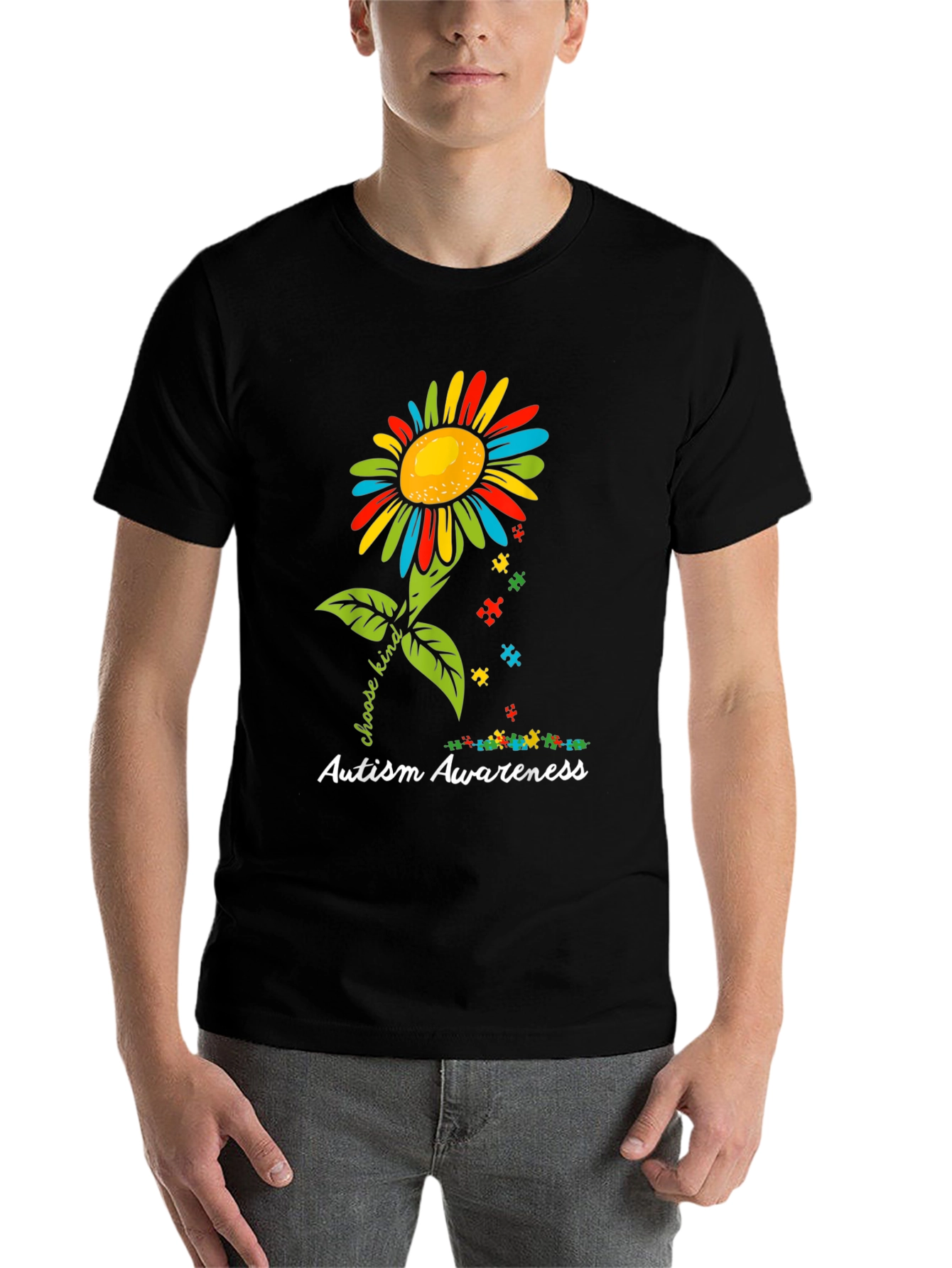 Black Autism Awareness Sunflower T-Shirt - Choose Kind view 7