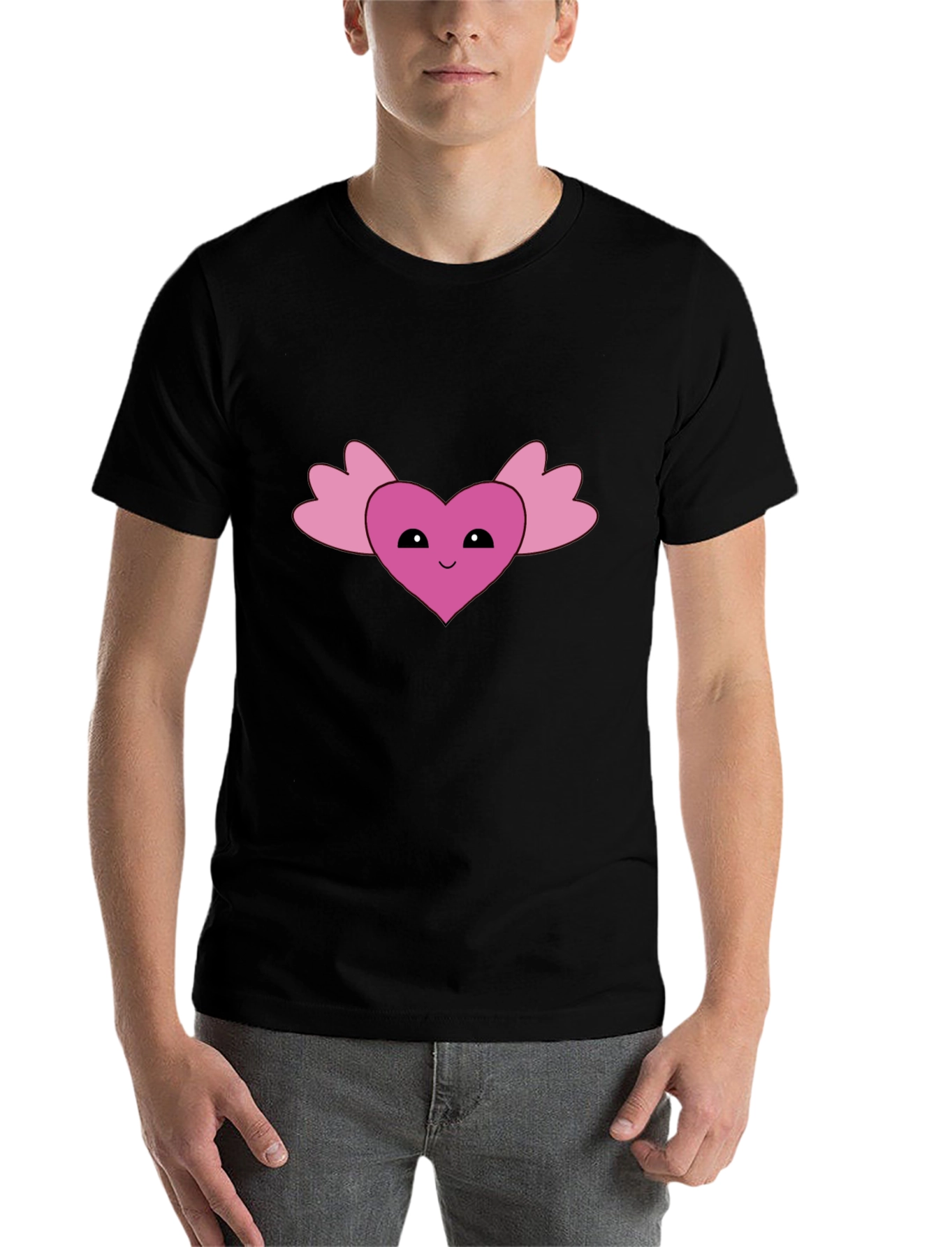 Black Cute Heart Wings Graphic Tee - Black Cotton T-Shirt view 7