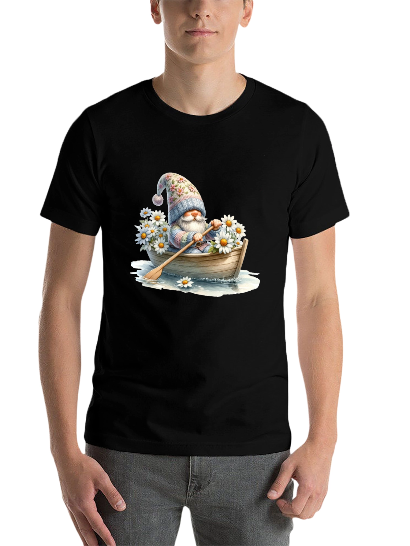 Black Gnome in Boat T-Shirt - Whimsical Floral Hat view 7