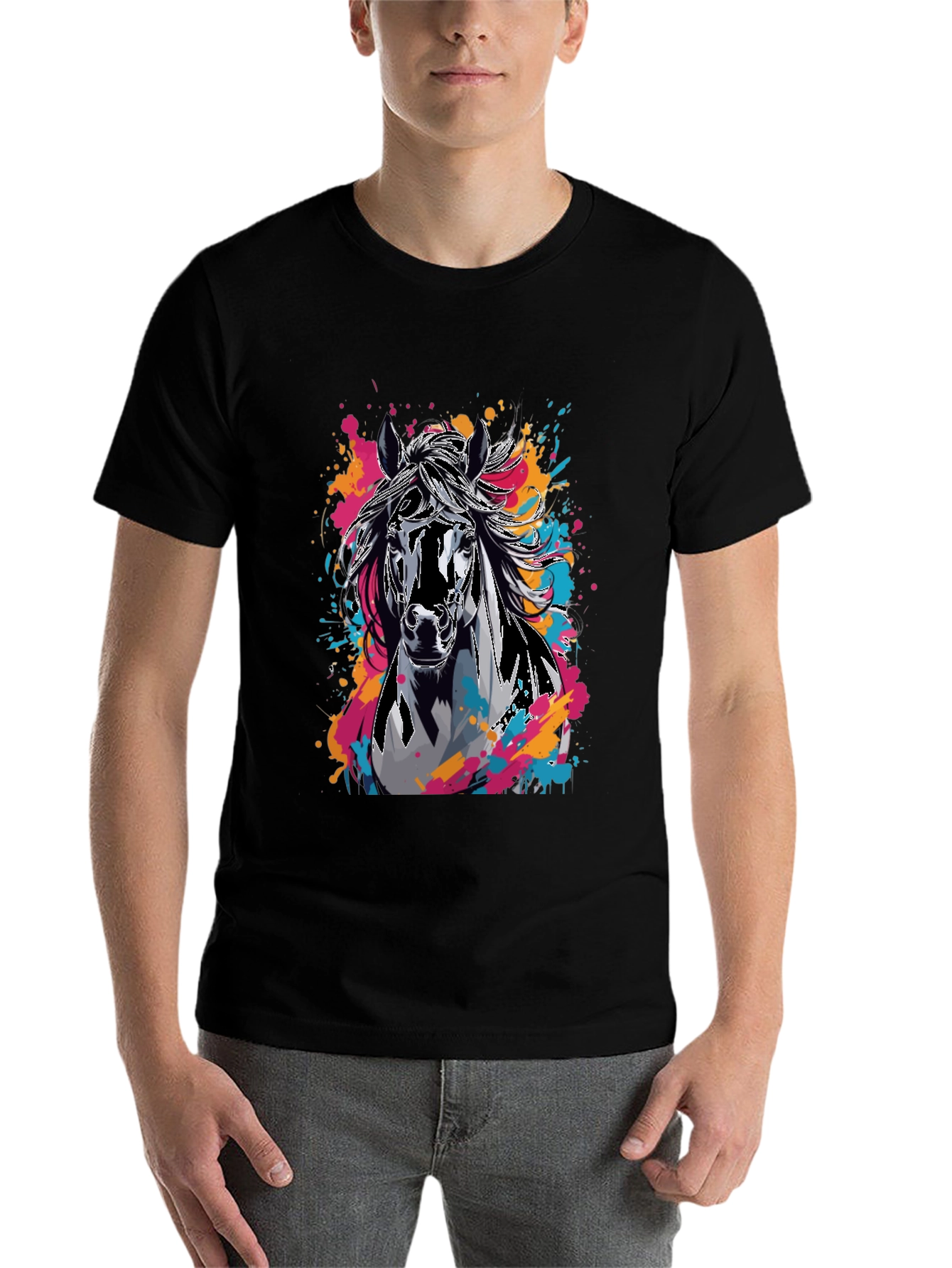 Black Horse Graphic T-Shirt - Colorful Animal Print Tee view 7