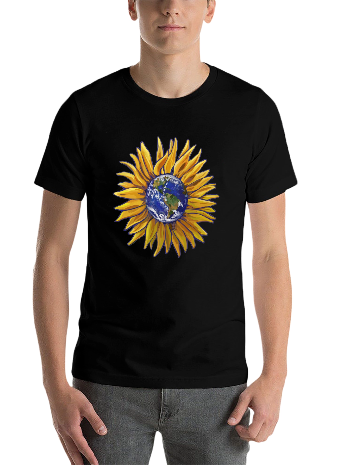 Black Sunflower Earth Graphic T-Shirt - Black Cotton Blend view 7