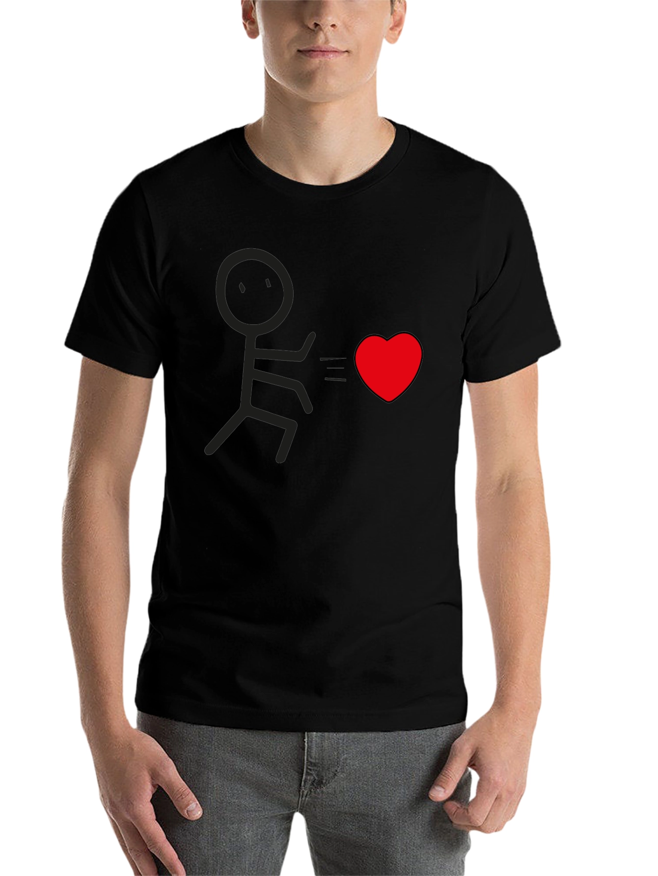 Black Stick Figure Chasing Heart Graphic Tee - Black view 7