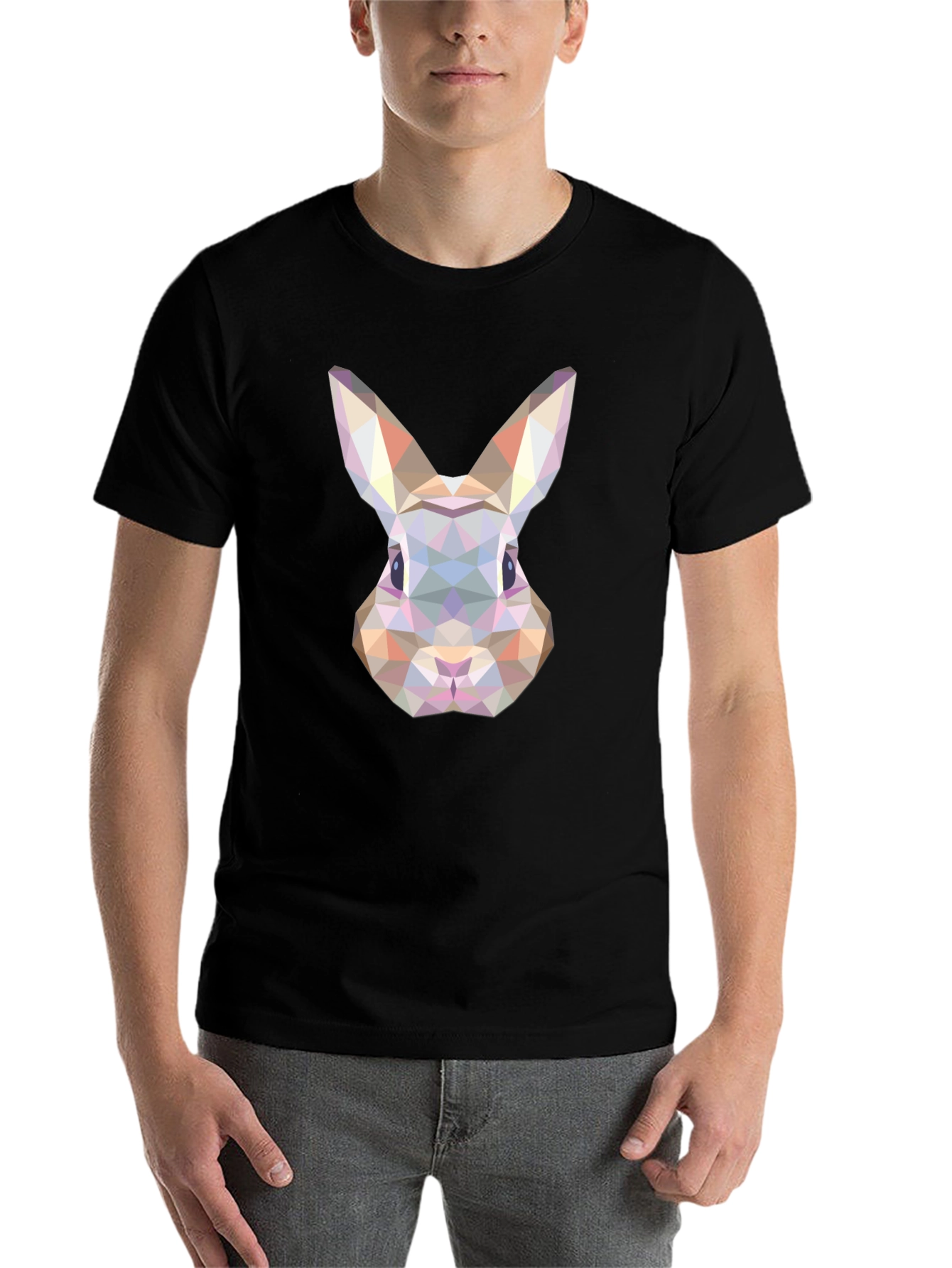 Black Geometric Rabbit Graphic Tee - Soft Black Cotton Blend Shirt view 7