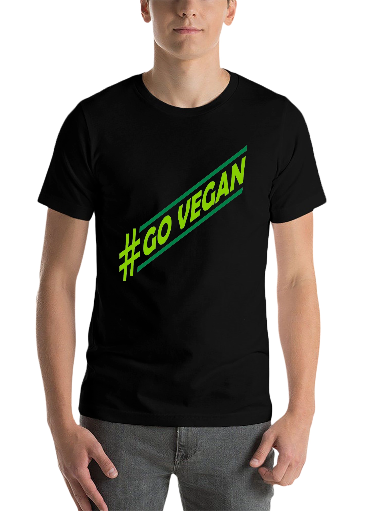 Black #Go Vegan T-Shirt - Stylish Green Graphic Tee view 7
