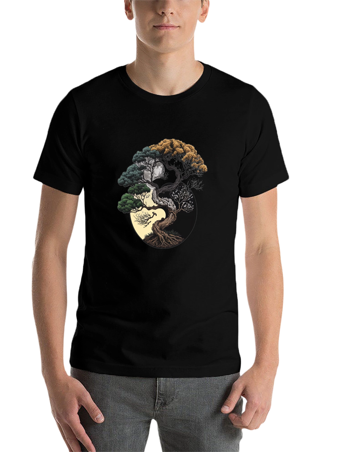 Black Yin Yang Bonsai Tree Graphic Tee - Unisex Black T-Shirt view 7