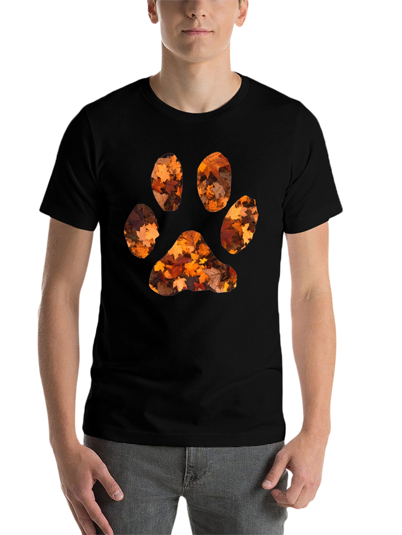 Black Fall Leaves Paw Print Black T-Shirt view 7