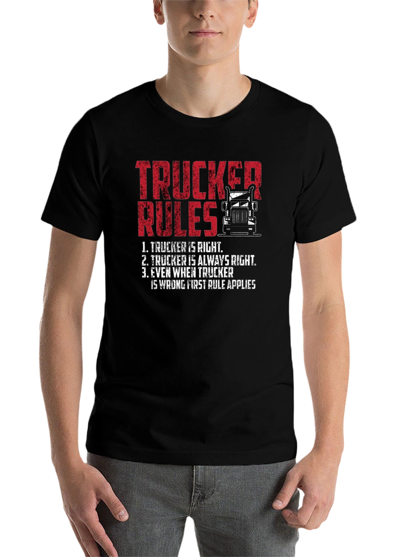 Black Trucker Rules Graphic Tee - Funny Truck Driver T-Shirt view 7