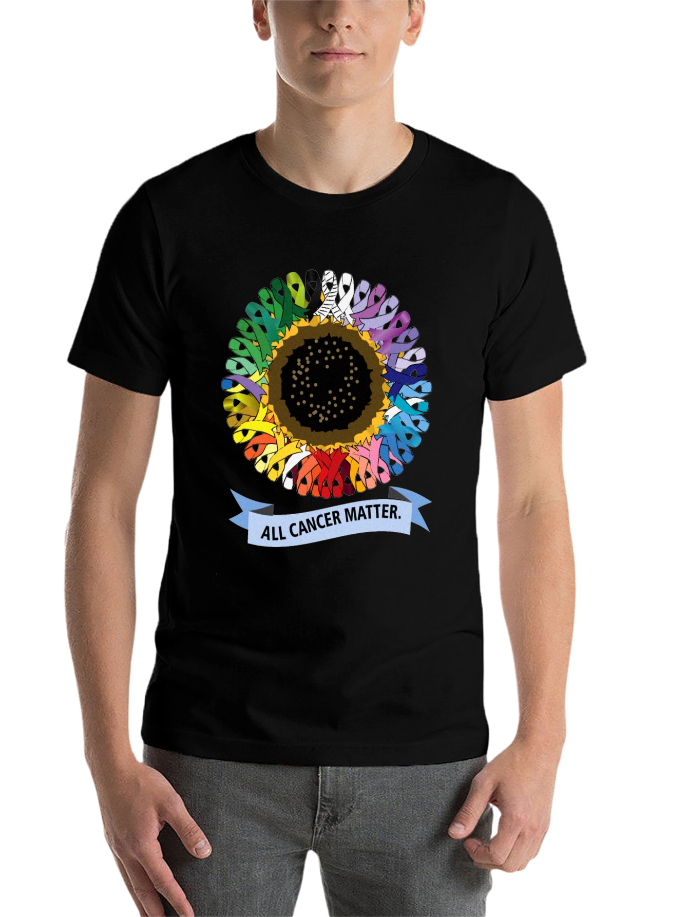 Black All Cancer Matter T-Shirt - Sunflower Ribbon Design view 7