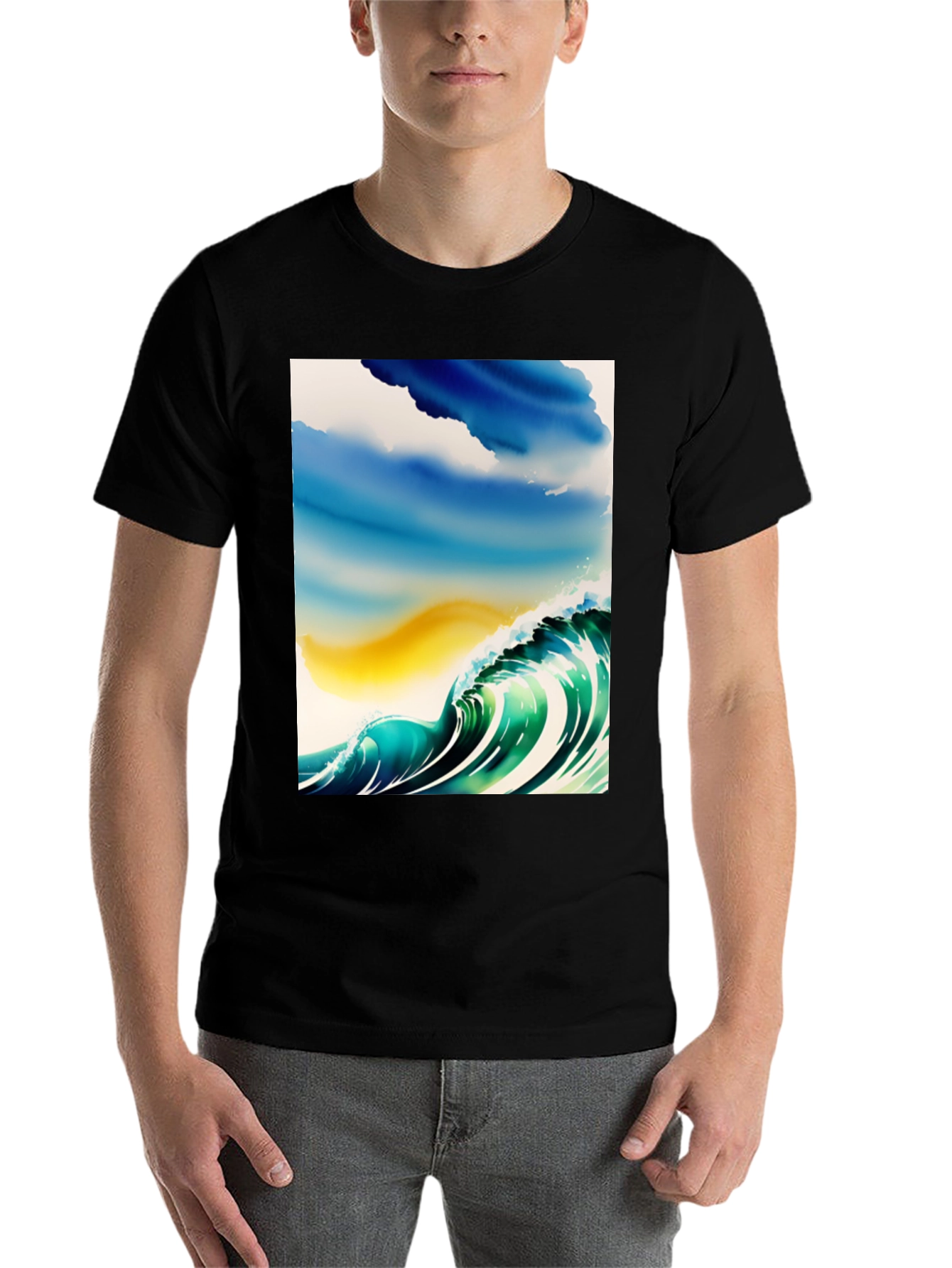 Black Wave Watercolor Graphic Tee - Black Cotton Casual view 7