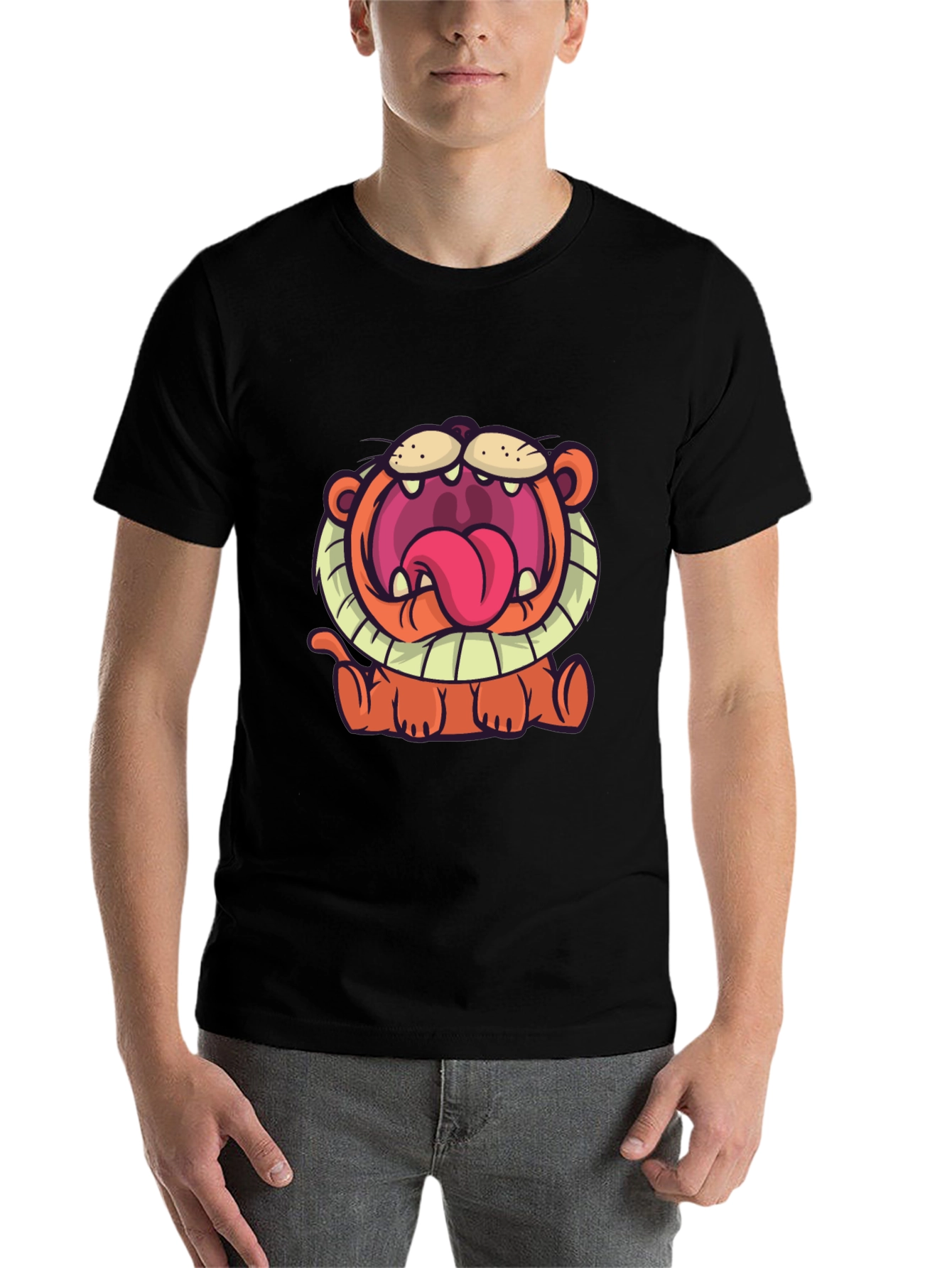Black Cartoon Lion Graphic T-Shirt - Unisex Black Tee view 7