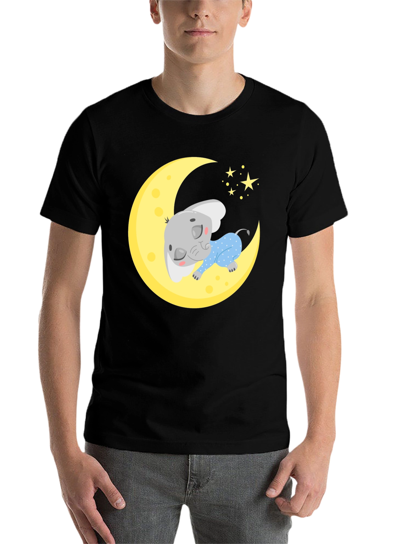 Black Cute Elephant On Moon Graphic Tee view 7