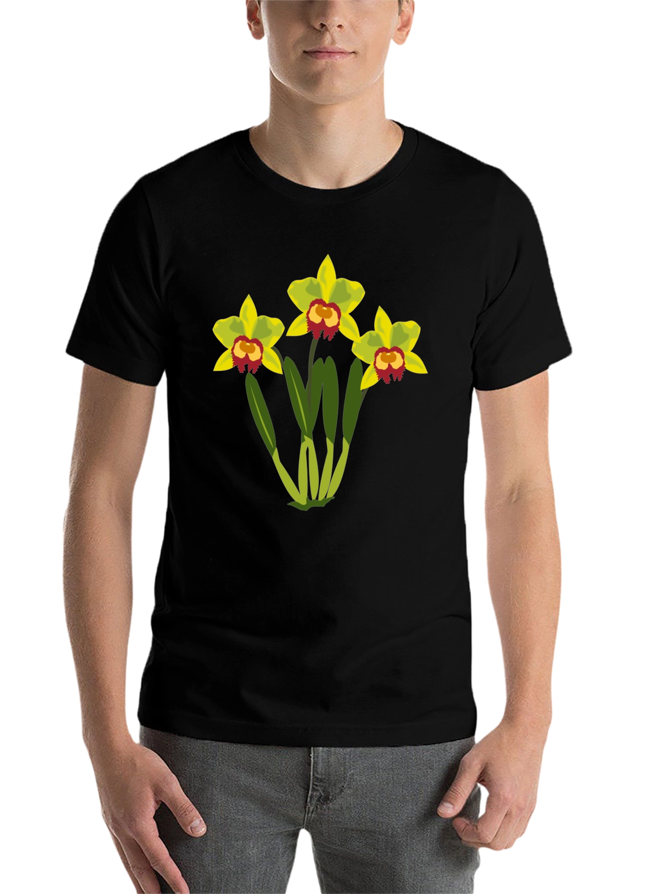 Black Floral Graphic T-Shirt - Black Cotton Tee with Orchid Design view 7