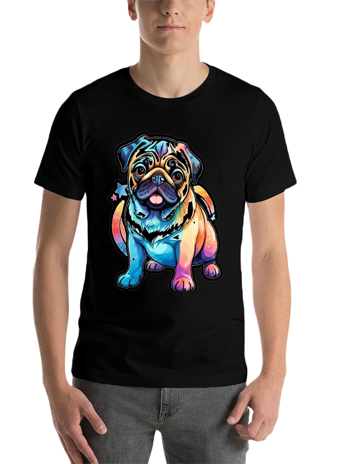 Black Colorful Pug Dog Graphic T-Shirt view 7
