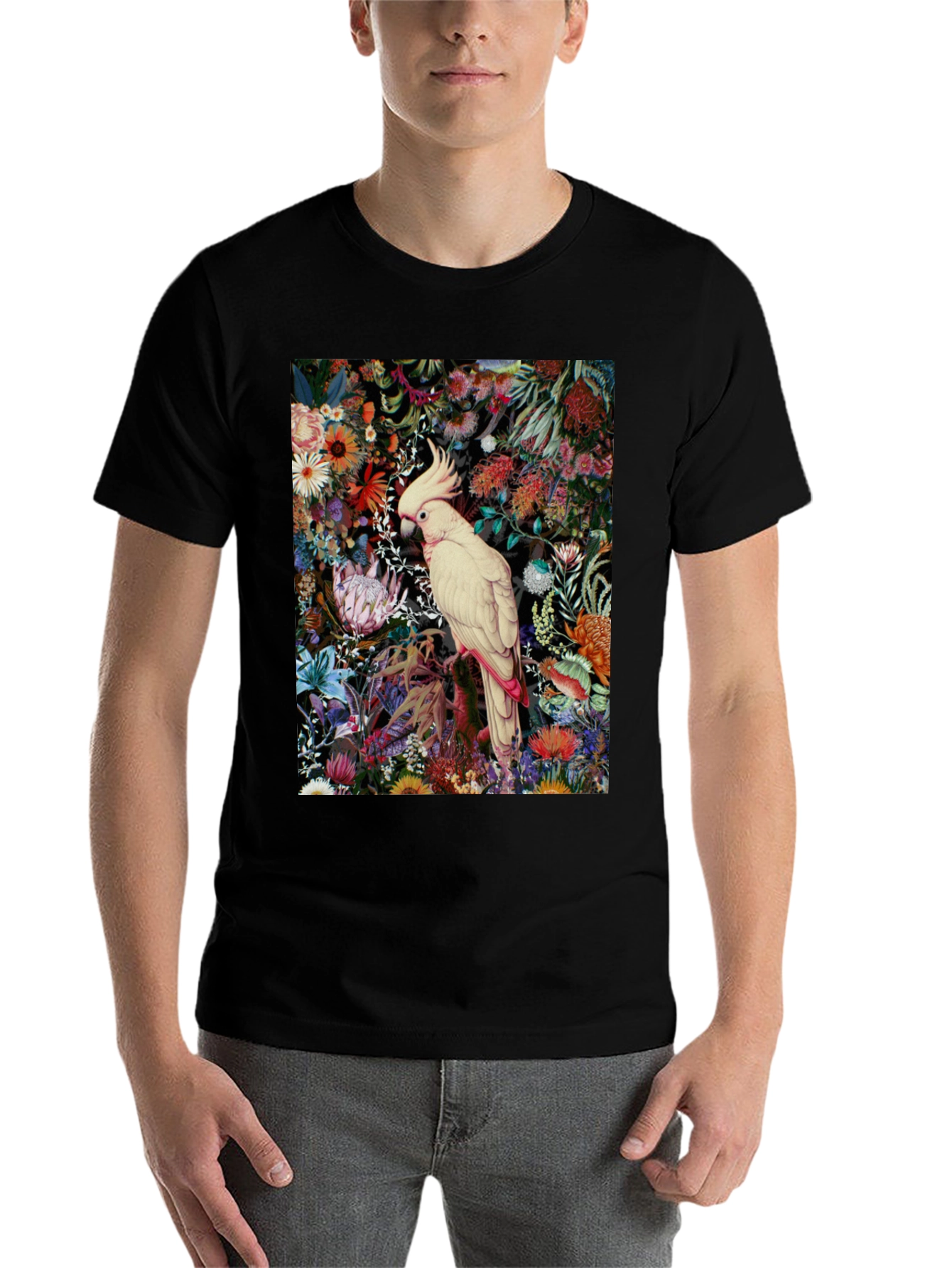 Black Floral Cockatoo Print Tee - Unique Graphic T-Shirt view 7