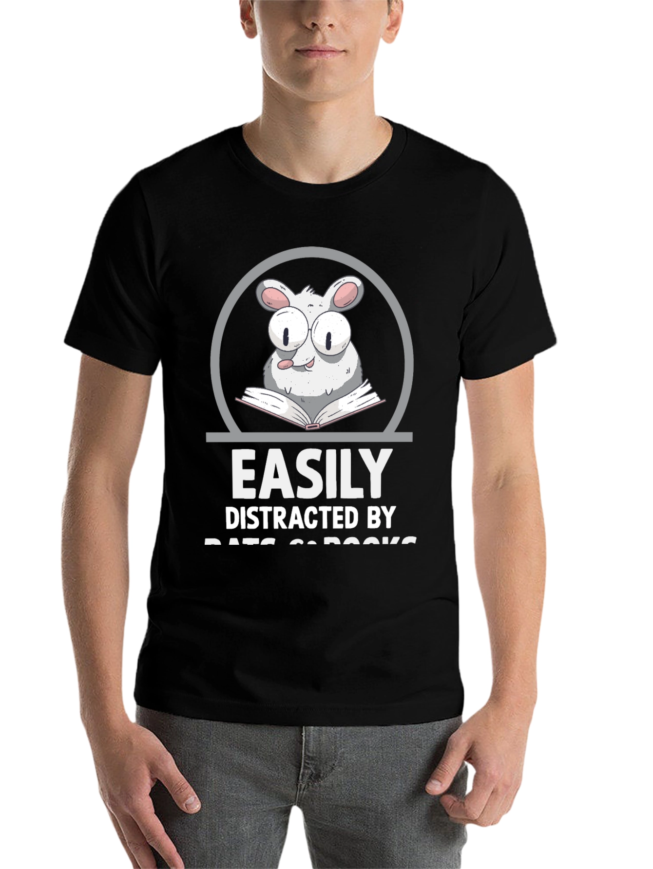 Black Easily Distracted By Rats & Books T-Shirt view 7