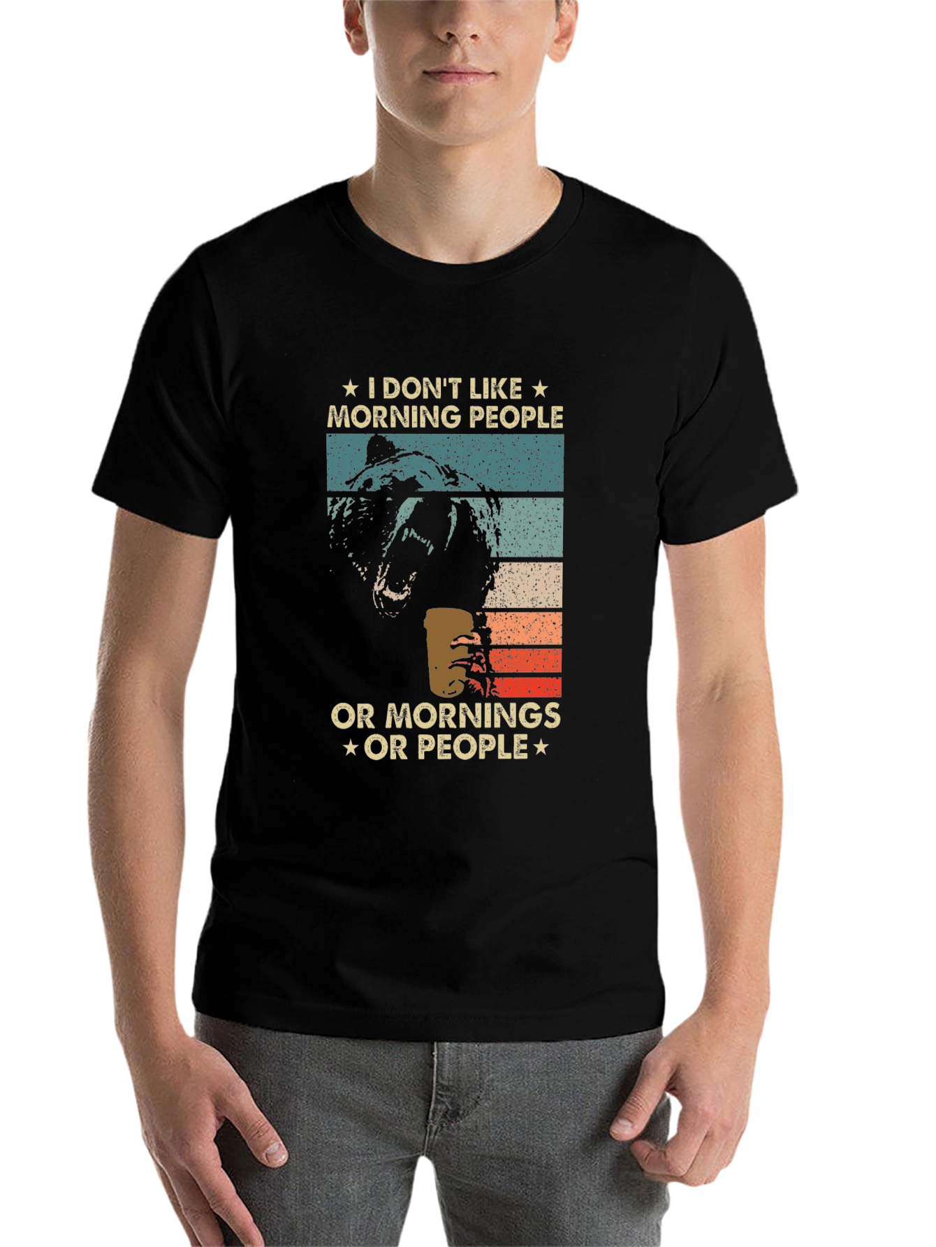 Black Funny "I Don't Like Morning People" Bear T-Shirt view 7