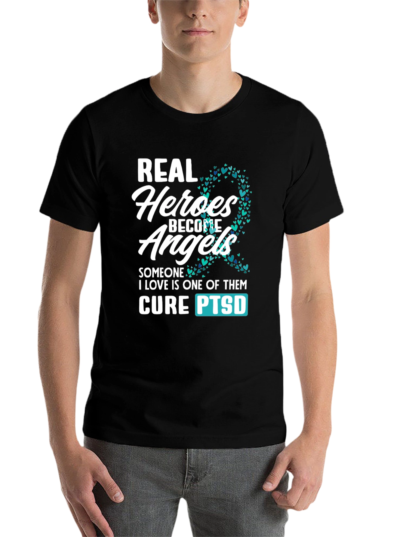 Black Real Heroes Become Angels PTSD Awareness T-Shirt view 7