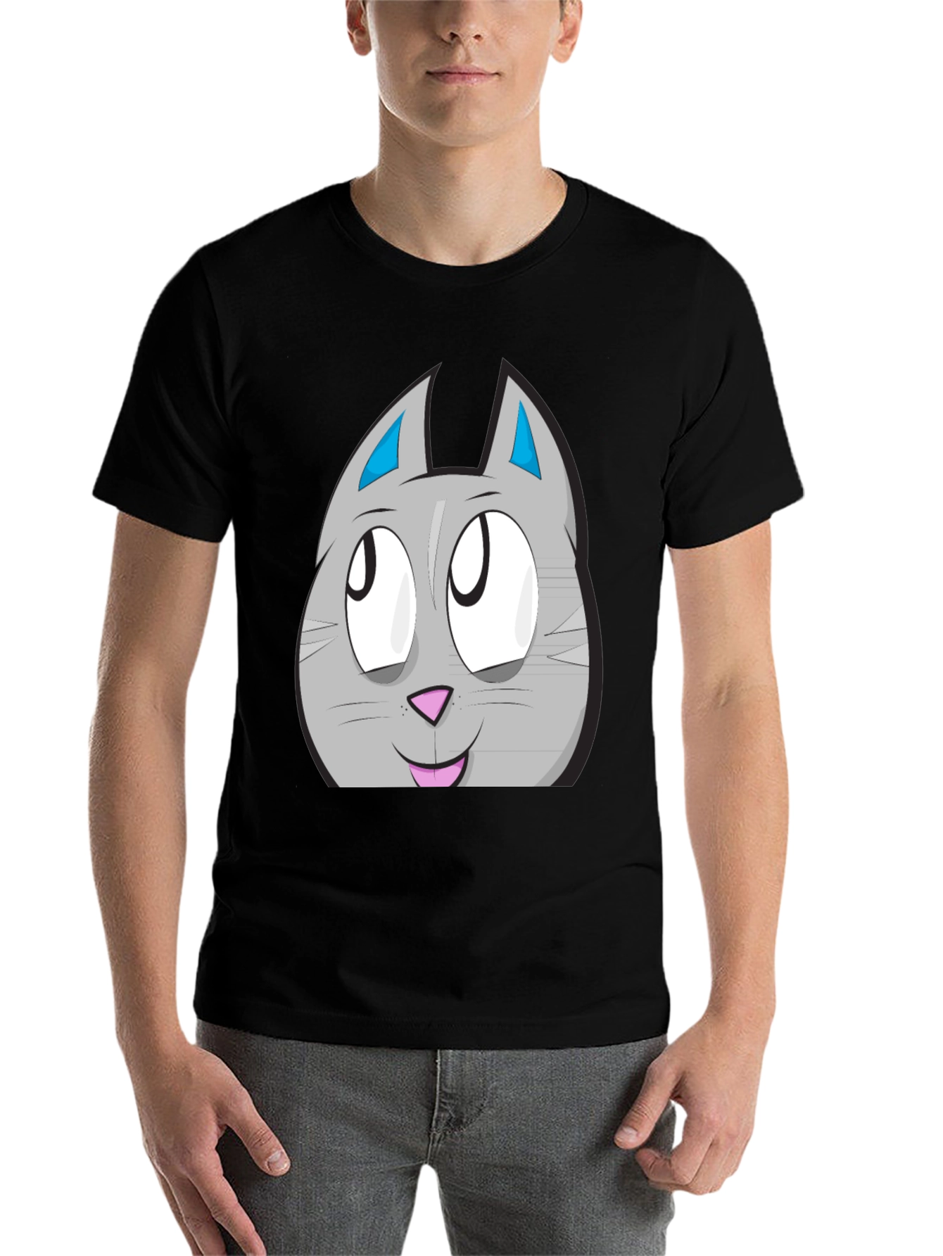 Black Cartoon Cat Face Graphic Tee - Unisex Black T-Shirt view 7