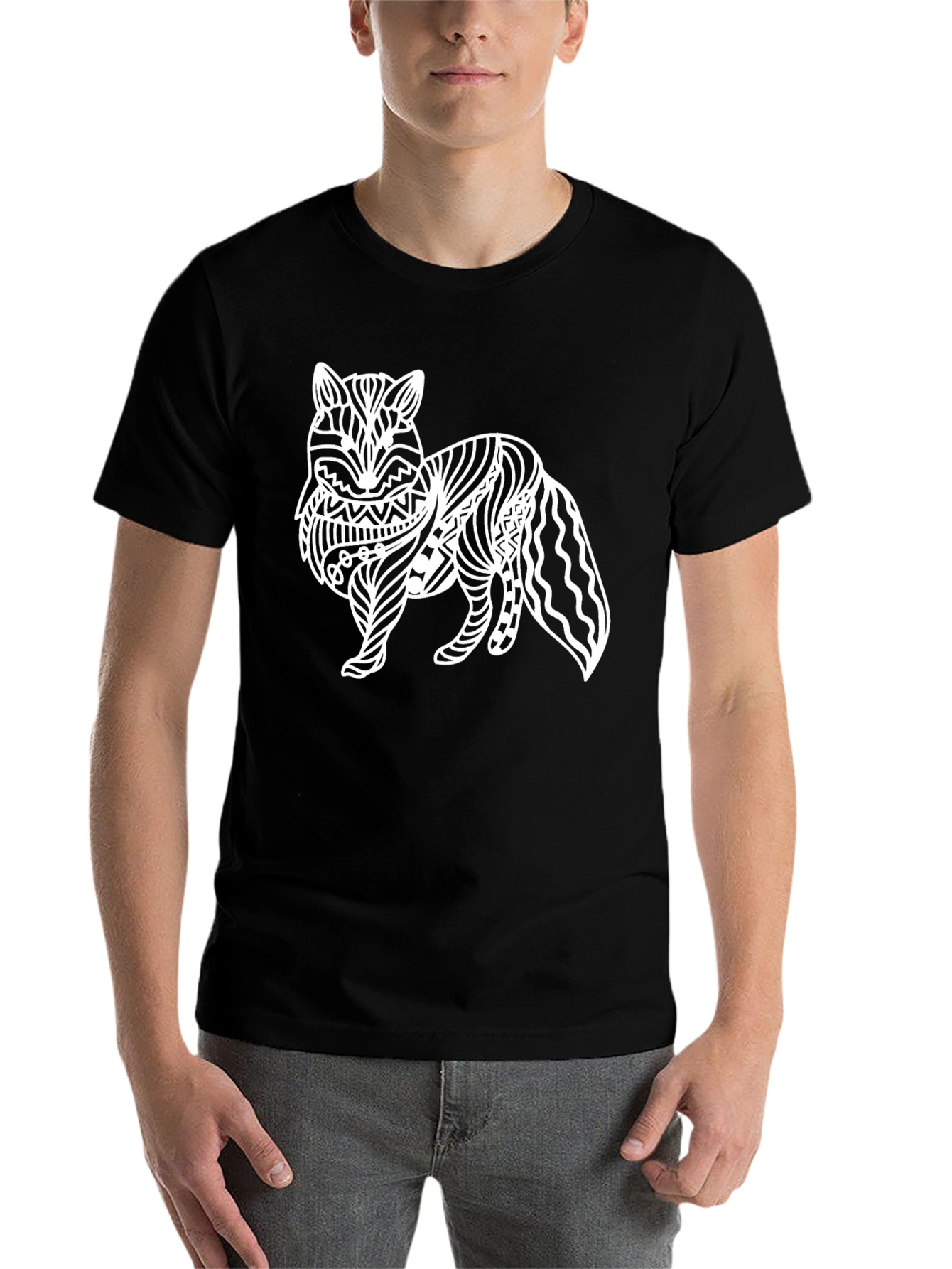 Black Abstract Fox Graphic Tee - Black Cotton T-Shirt view 7