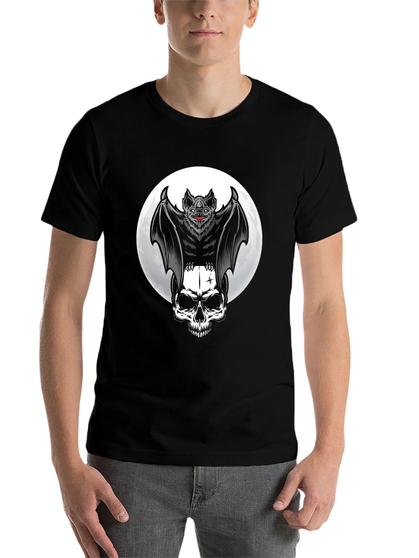 Black Bat & Skull Graphic T-Shirt - Gothic Halloween view 7