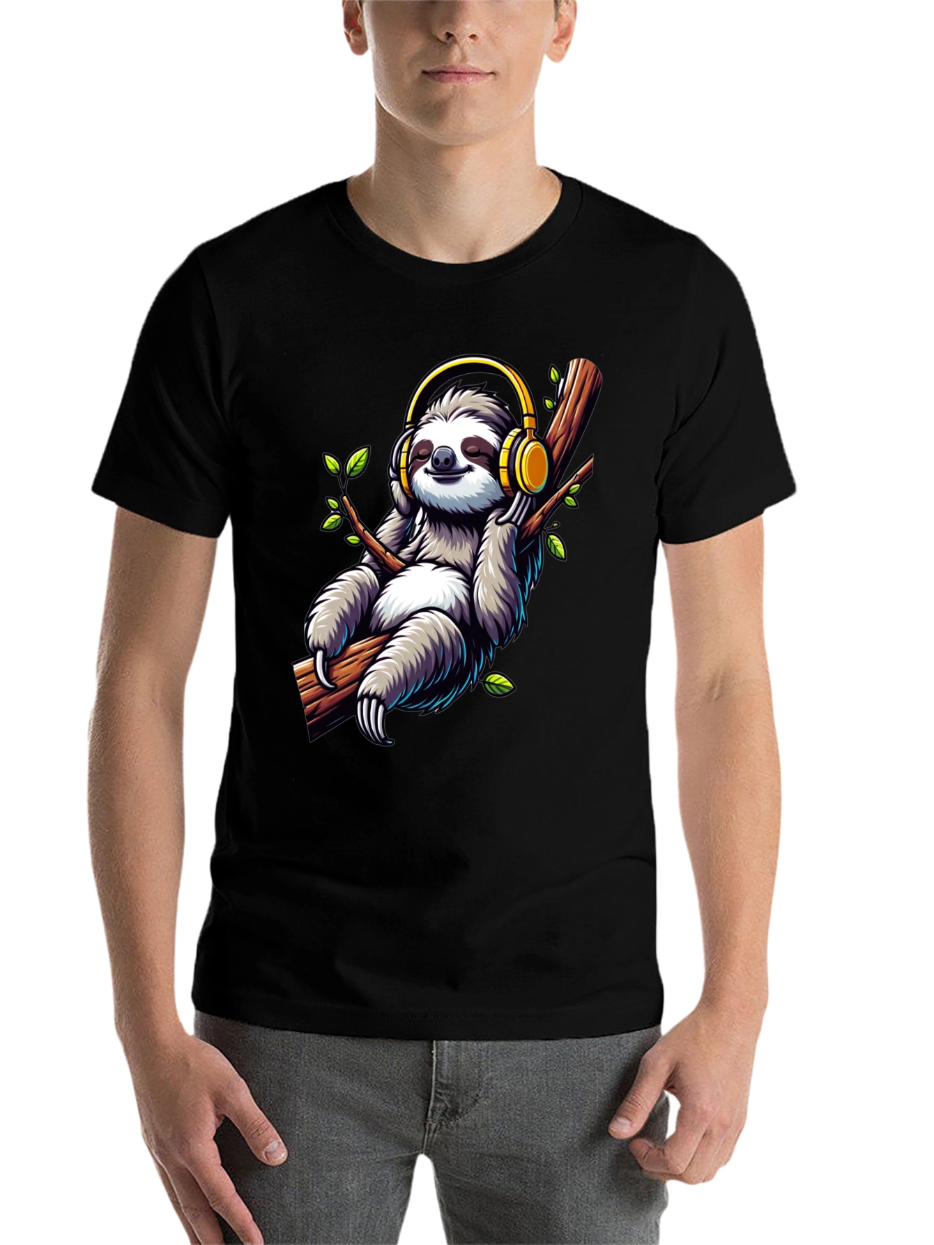 Black Sloth with Headphones Graphic T-Shirt view 7