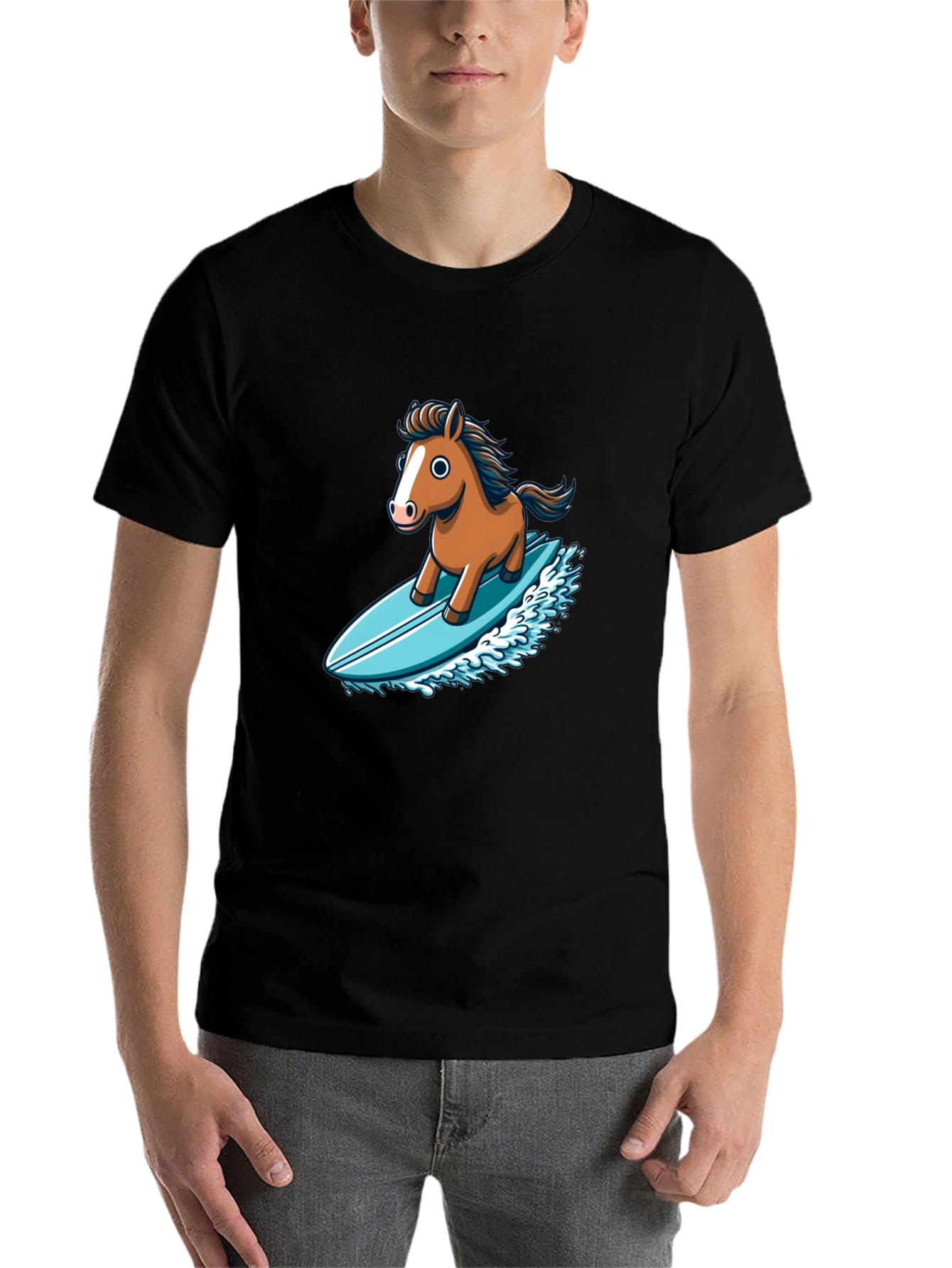 Black Horse Surfing T-Shirt - Unique Cartoon Design view 7